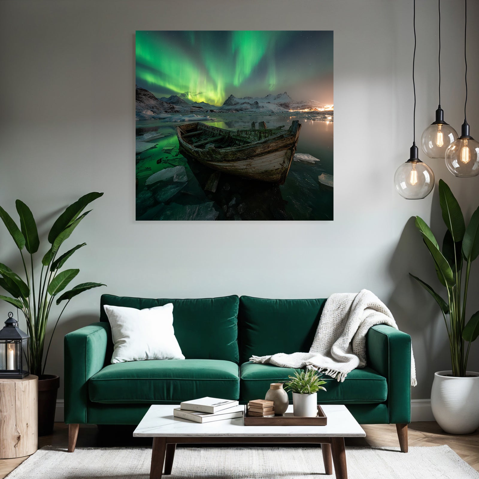 Polarlicht Winterlandschaft Boote Auroraborealis Schneebärgebirge | Fjorde und Gletscher | Landschaften