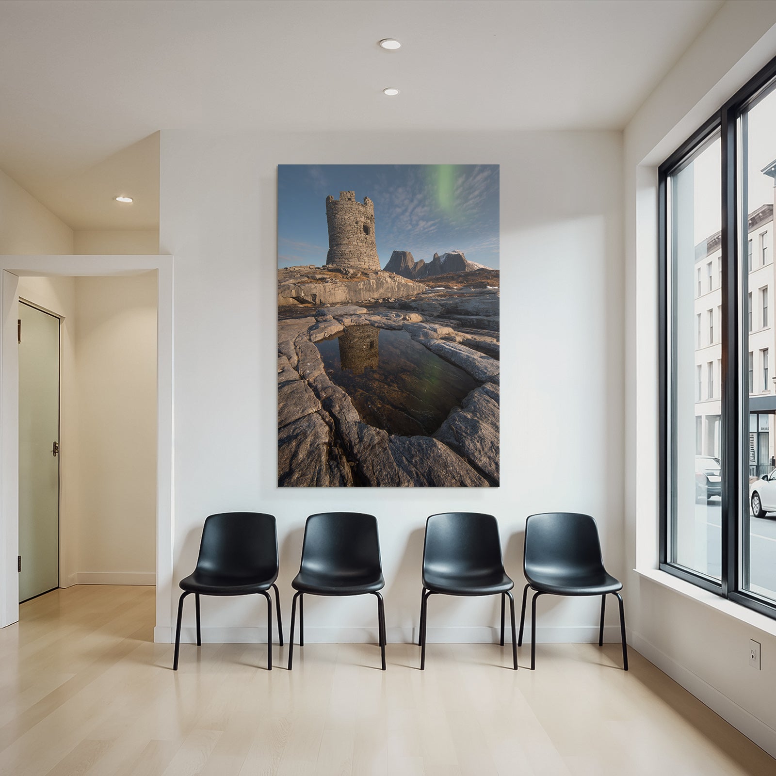 Polarlicht Stein Turm In Rugged Landscape Mit Aurora Borealis Reflektierender Pool | Fjorde und Gletscher | Landschaften