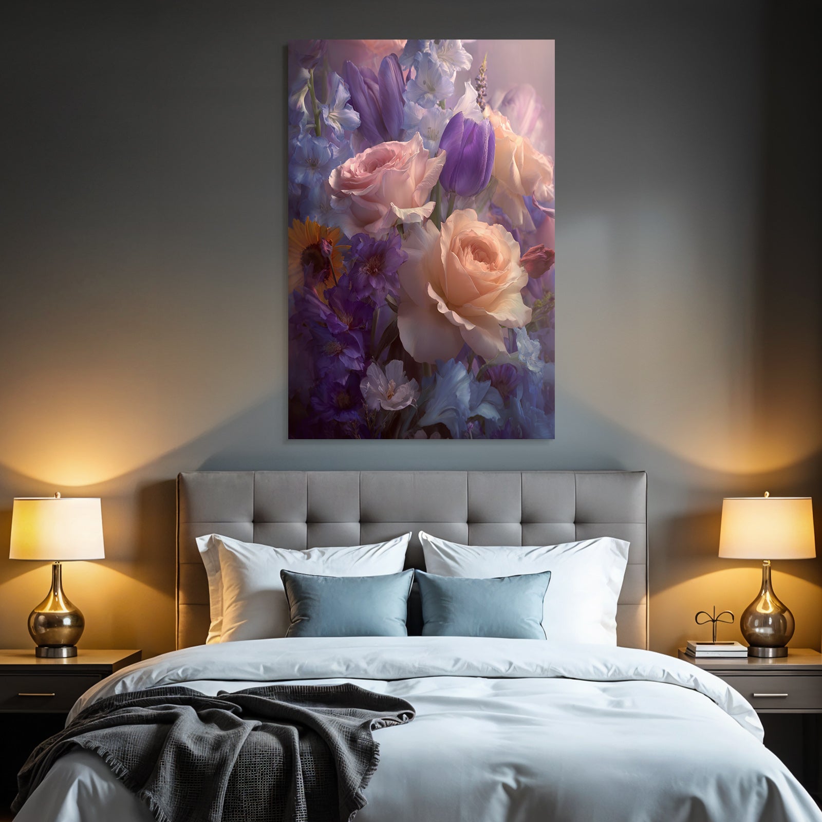 Romantische Florale Komposition Mit Pfirsichrosen Und Purpurtulpen