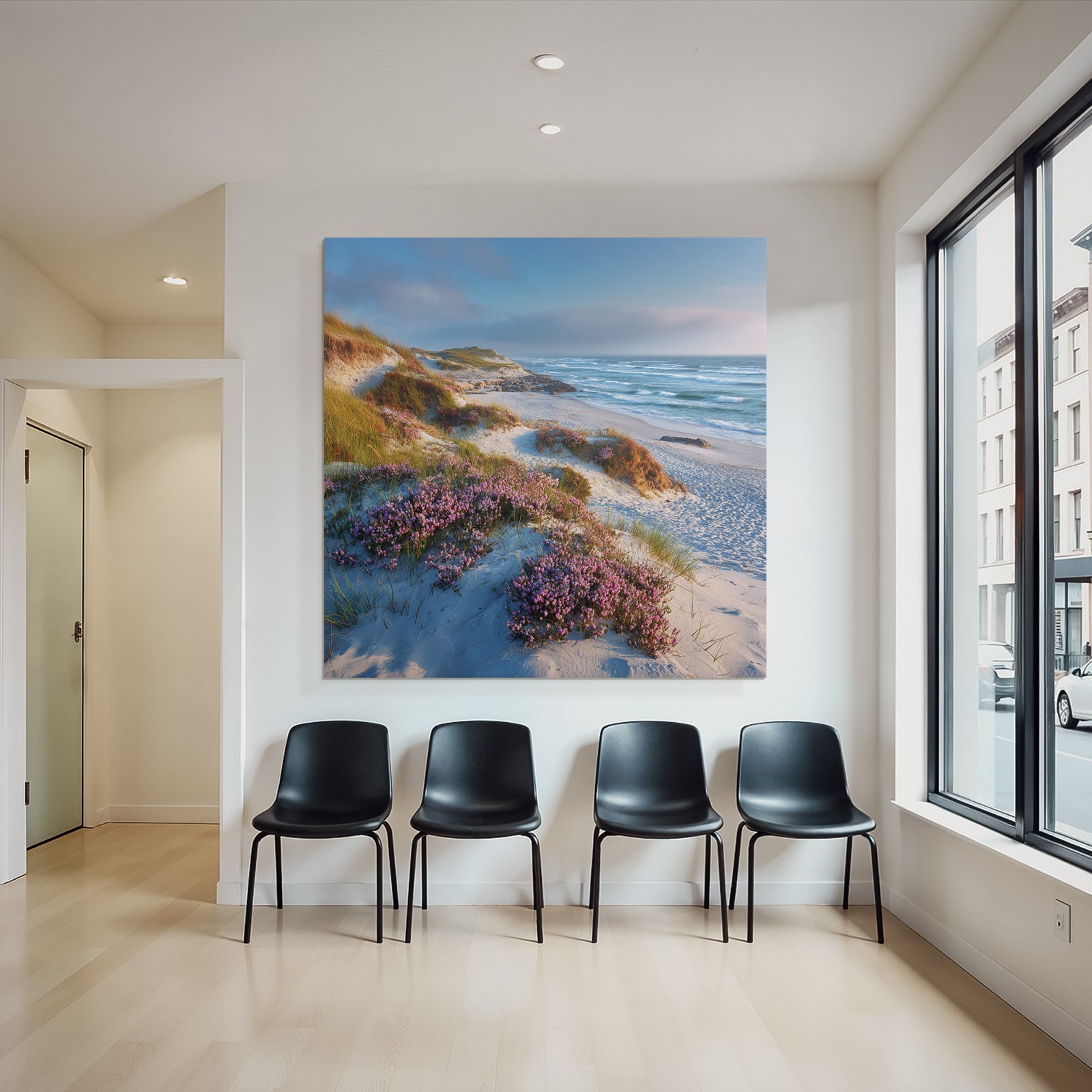 Ruhiger Strand Mit Blumen Und Meereswellen Dawn Dusk | Duenen und Heide | Landschaften