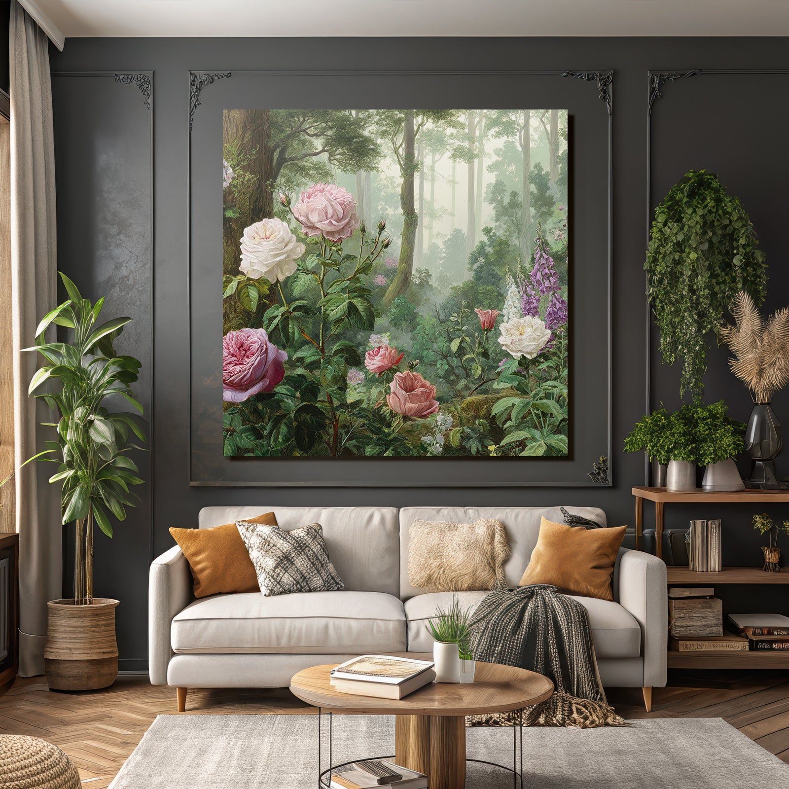 Malerische Waldszene Mit Rosen Und Blütenpflanzen In Dunstiger Atmosphäre