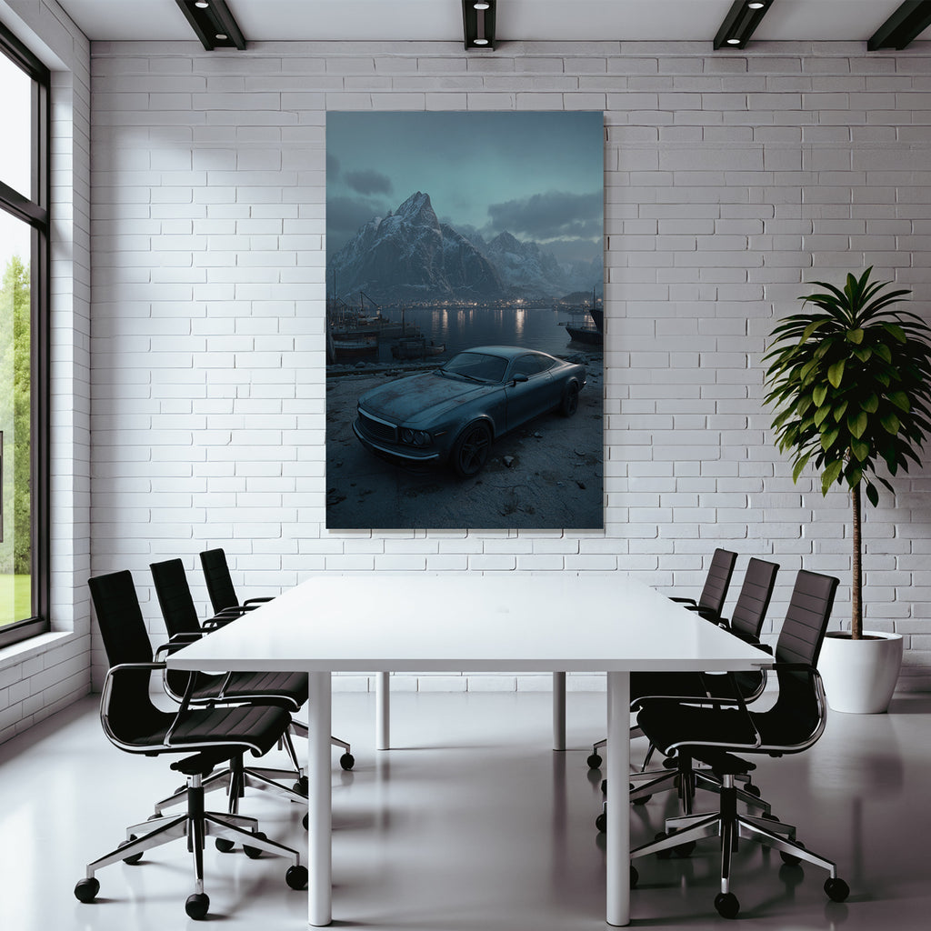 Polarlicht Vintage Auto Hafen Hintergrund Schneebedeckte Berge Sonnenuntergang | Fjorde und Gletscher | Landschaften