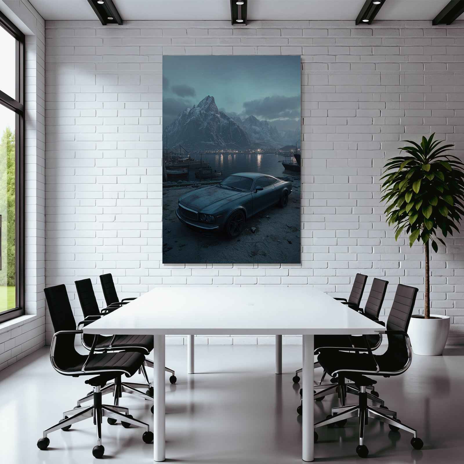 Polarlicht Vintage Auto Hafen Hintergrund Schneebedeckte Berge Sonnenuntergang | Fjorde und Gletscher | Landschaften