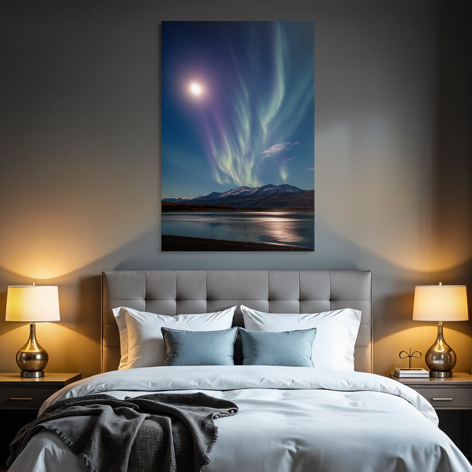 Polarlicht Aurora Borealis Mit Mond Und Berge Reflektiertes Wasser Nachtsky | Fjorde und Gletscher | Landschaften