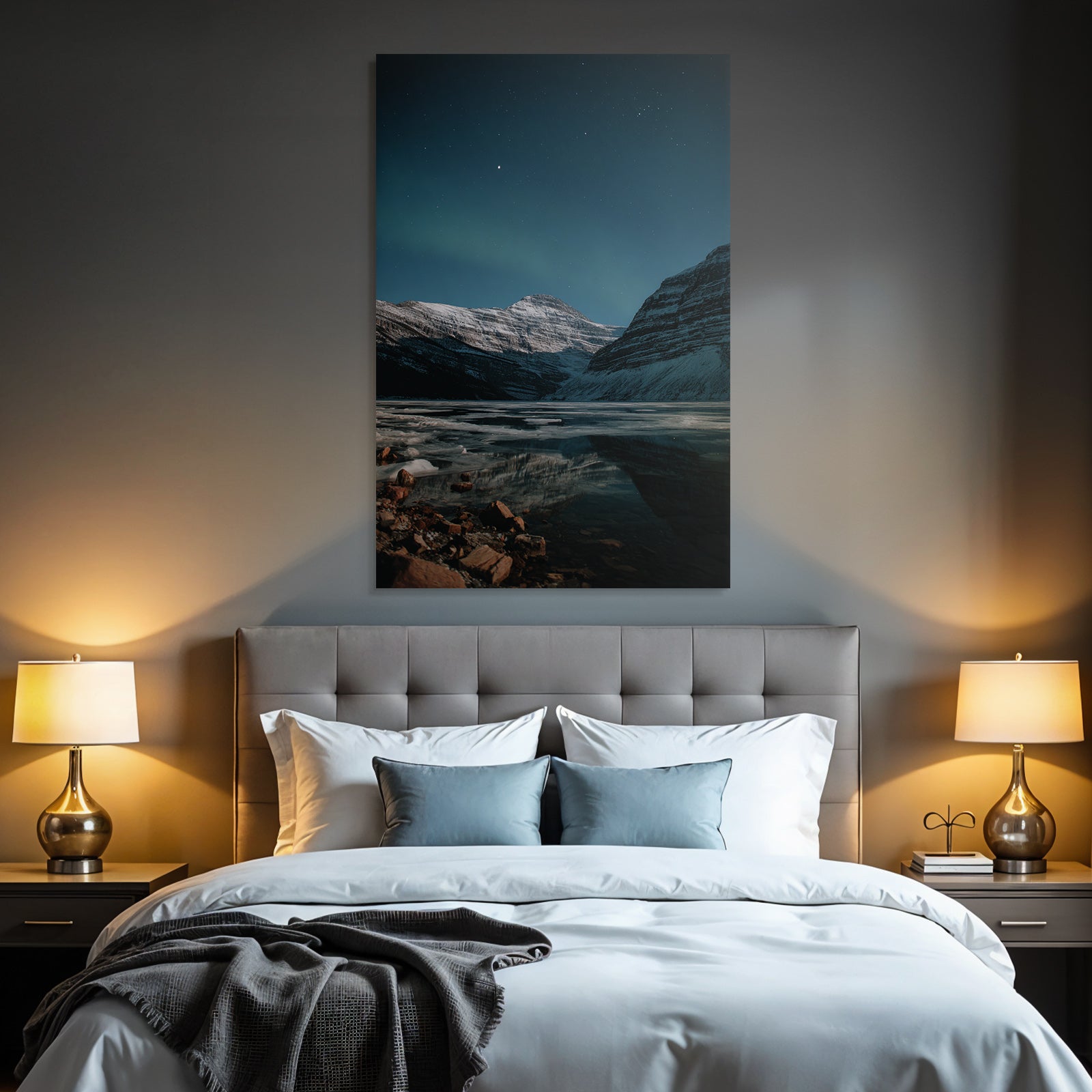 Polarlicht Ruhige Winterlandschaft Schneebedeckte Berge Reflektion Im Wasser Mit Sternen Und Auroren | Fjorde und Gletscher | Landschaften