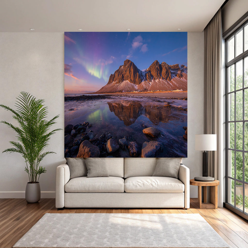 Polarlicht Berglandschaft Aurora Borealis Reflexion Wasser Natur | Fjorde und Gletscher | Landschaften
