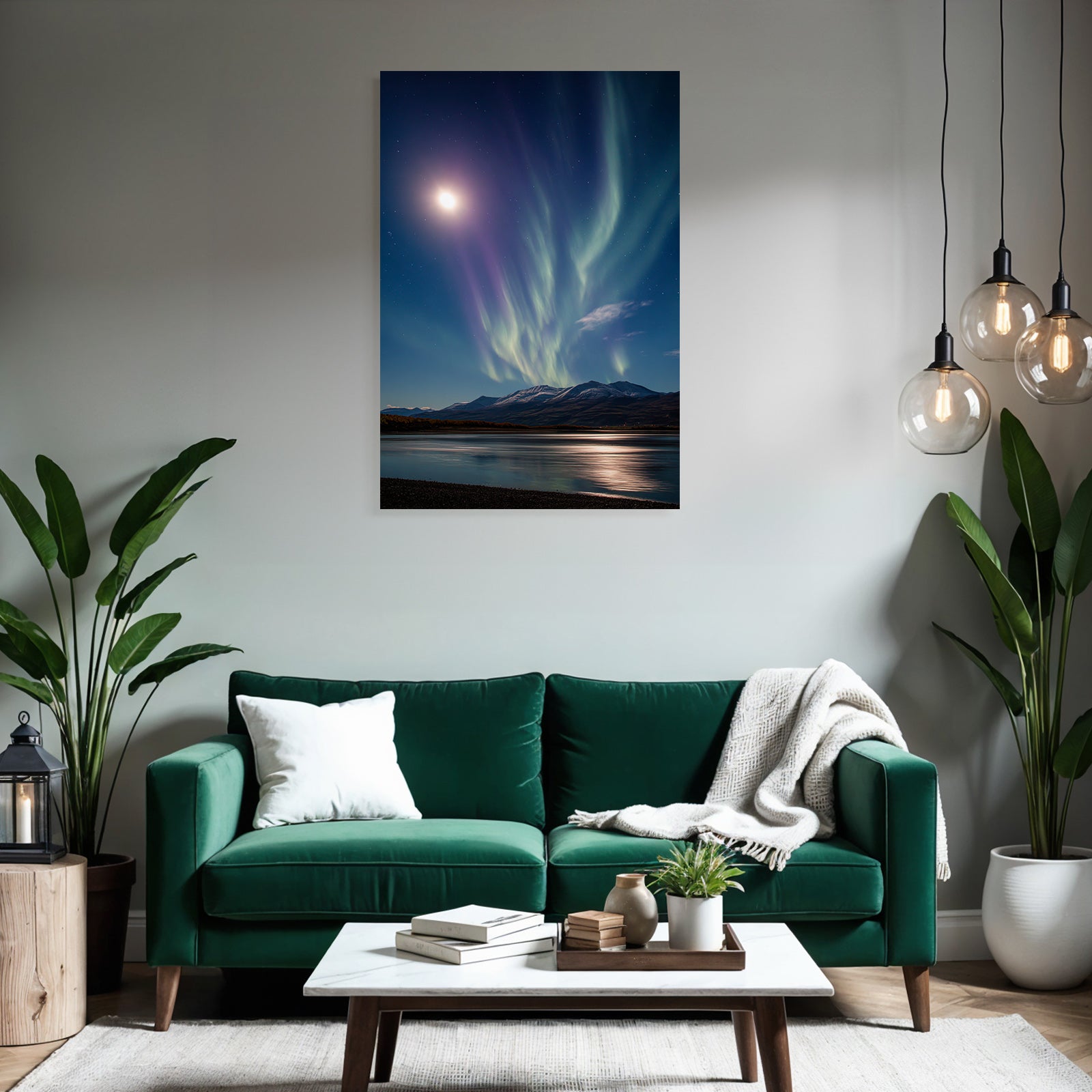 Polarlicht Aurora Borealis Mit Mond Und Berge Reflektiertes Wasser Nachtsky | Fjorde und Gletscher | Landschaften