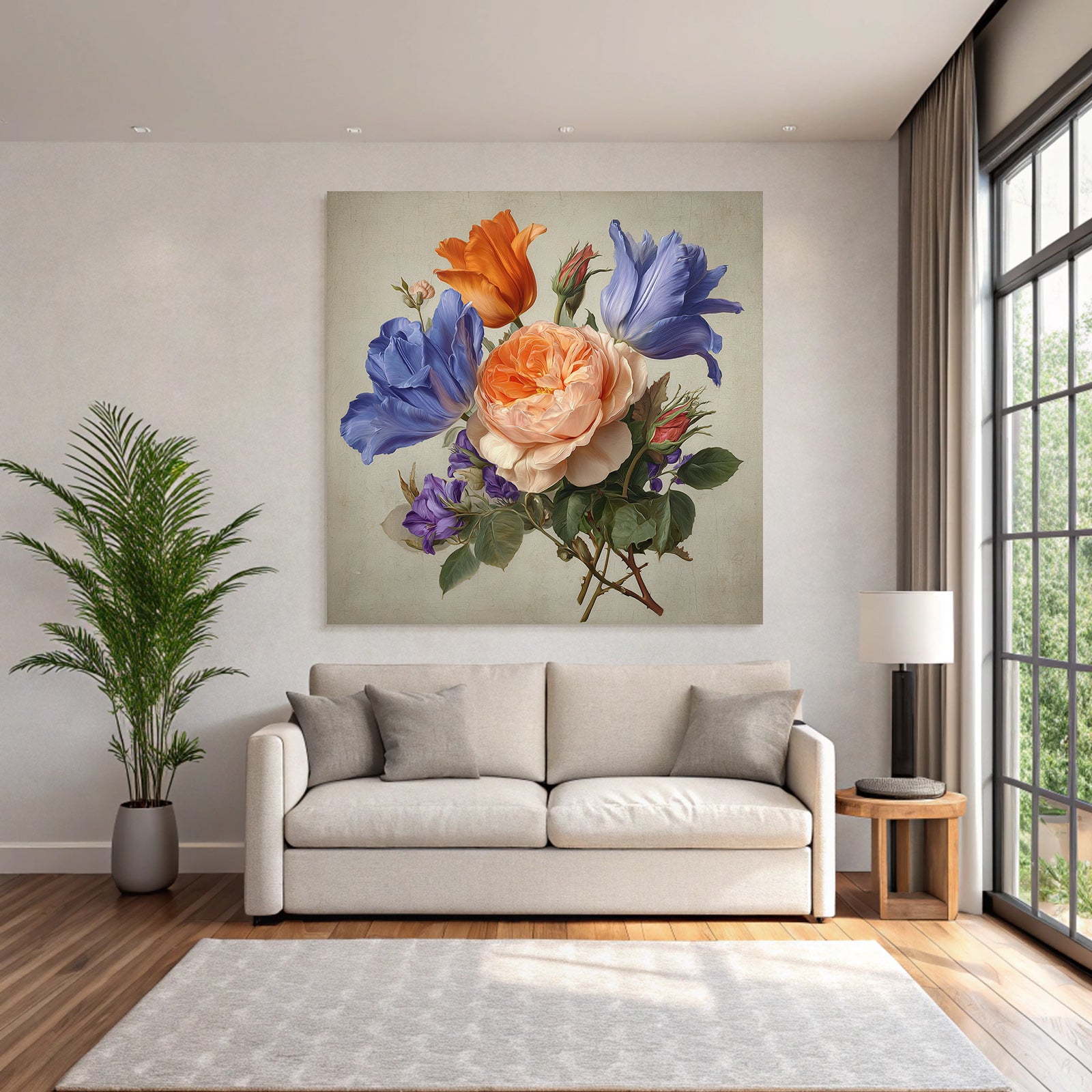 Schöner Blumiger Bunter Strauss Aus Blau Orange Rosa Und Purpur Mit Grünem Laub
