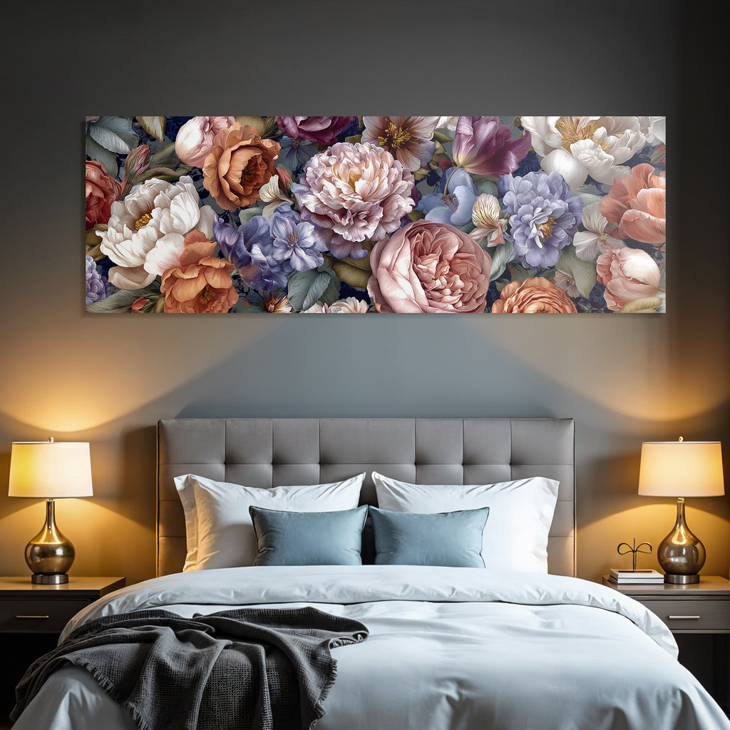 Illustration Mit Pfingstrosen Rosen Und Weiteren Blüten Vor Dunklem Hintergrund