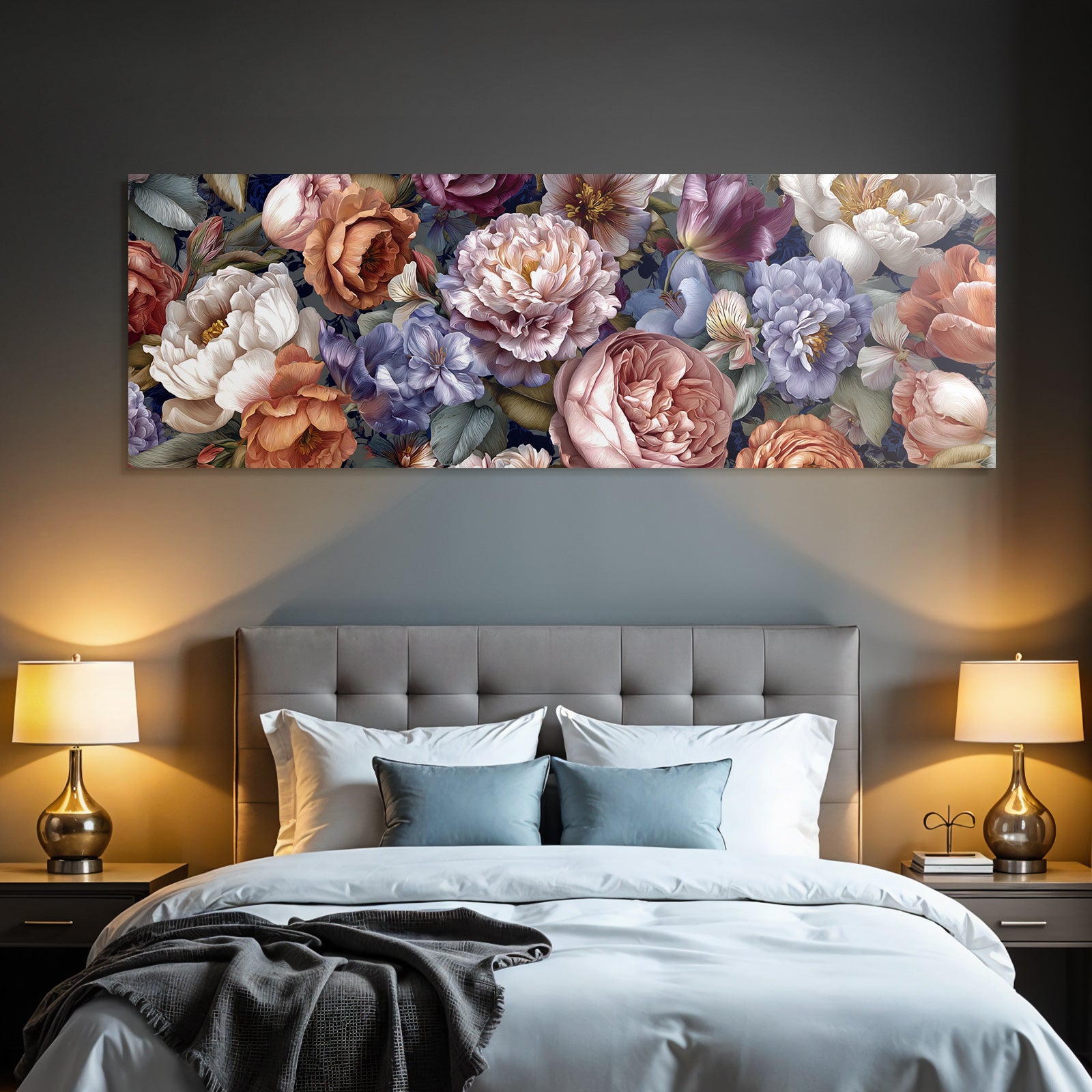 Illustration Mit Pfingstrosen Rosen Und Weiteren Blüten Vor Dunklem Hintergrund