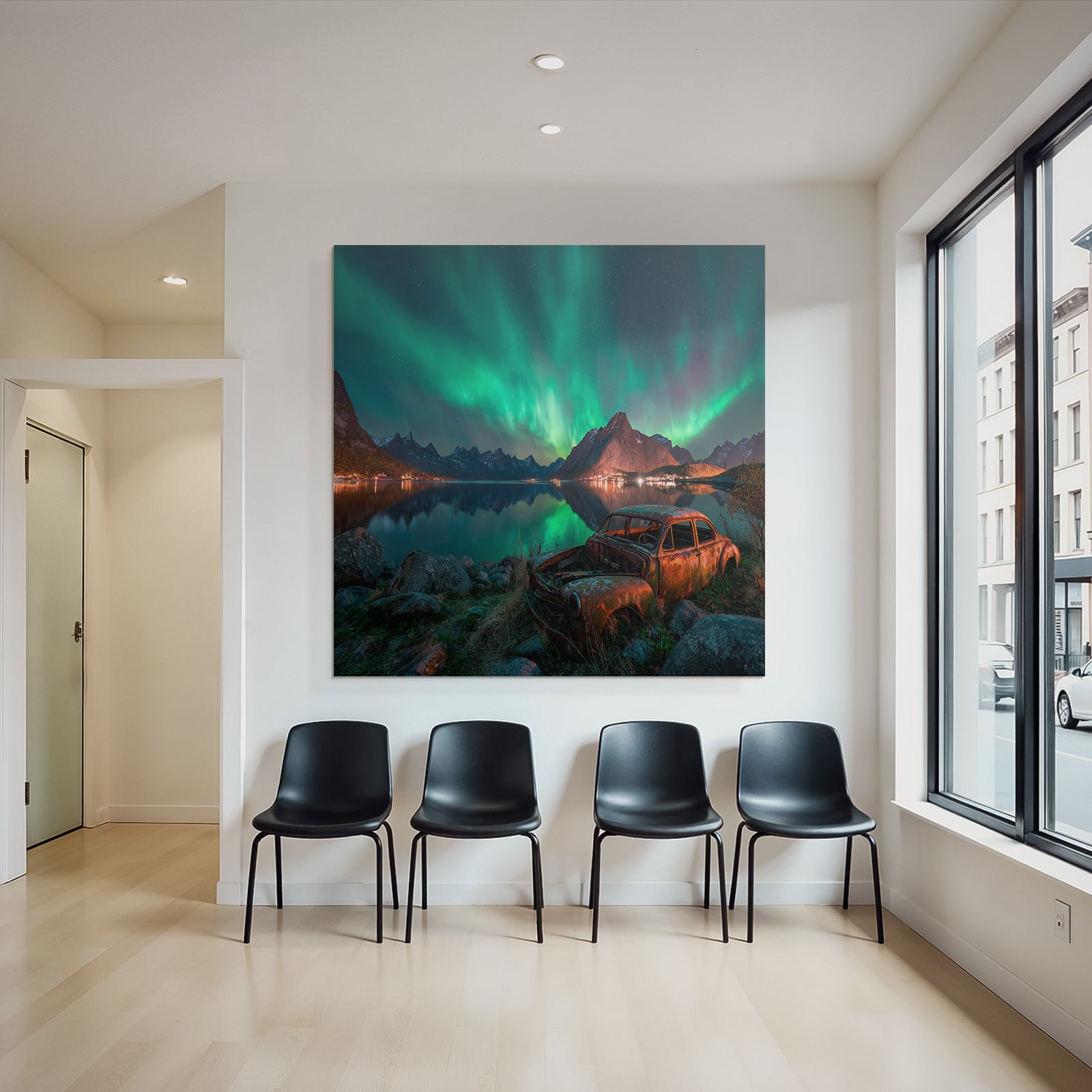 Polarlicht Nordlichter Und Rustiges Auto Am See Mit Bergen Im Hintergrund | Fjorde und Gletscher | Landschaften