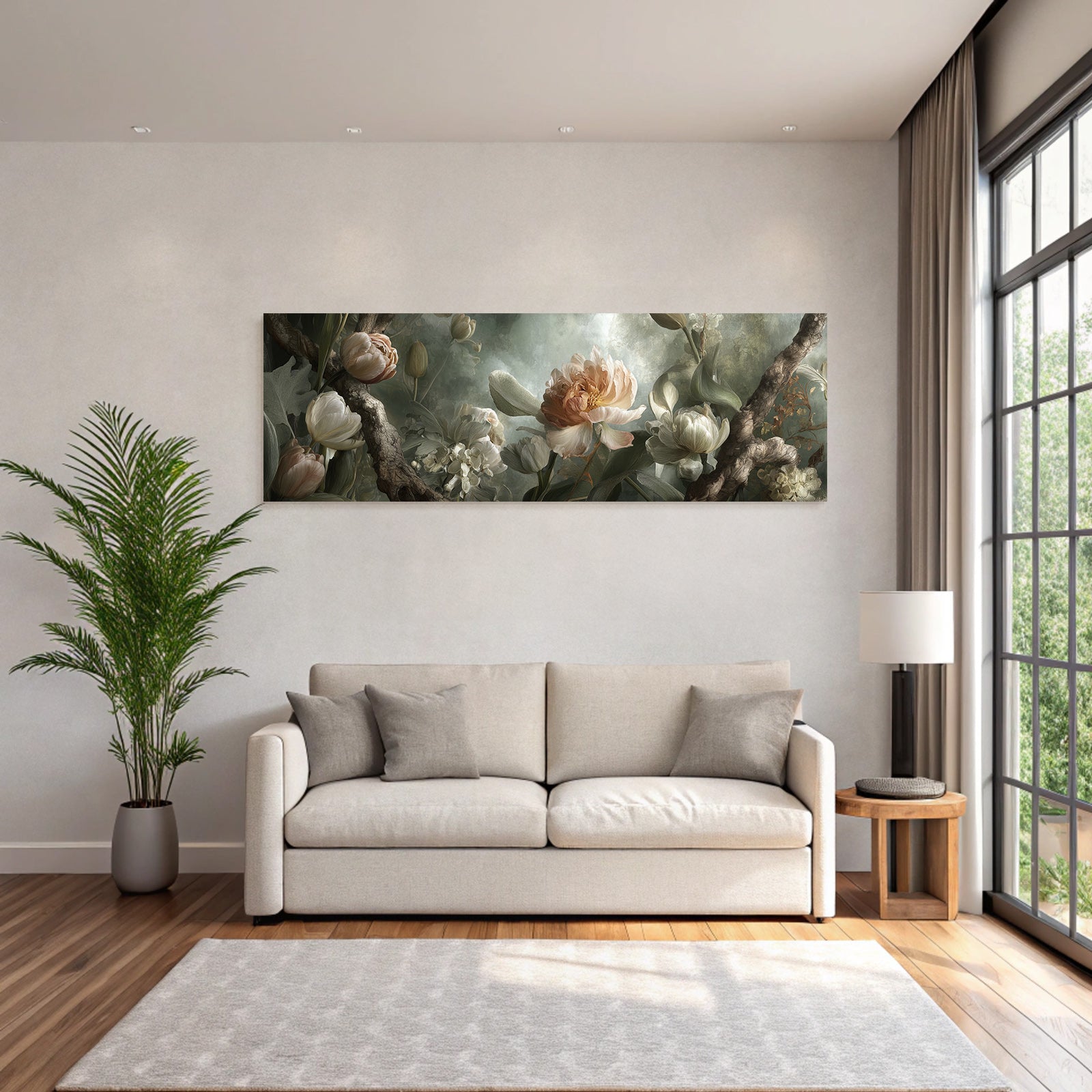 Arrangement Mit Tulpen Und Pfingstrosen An Zweigen