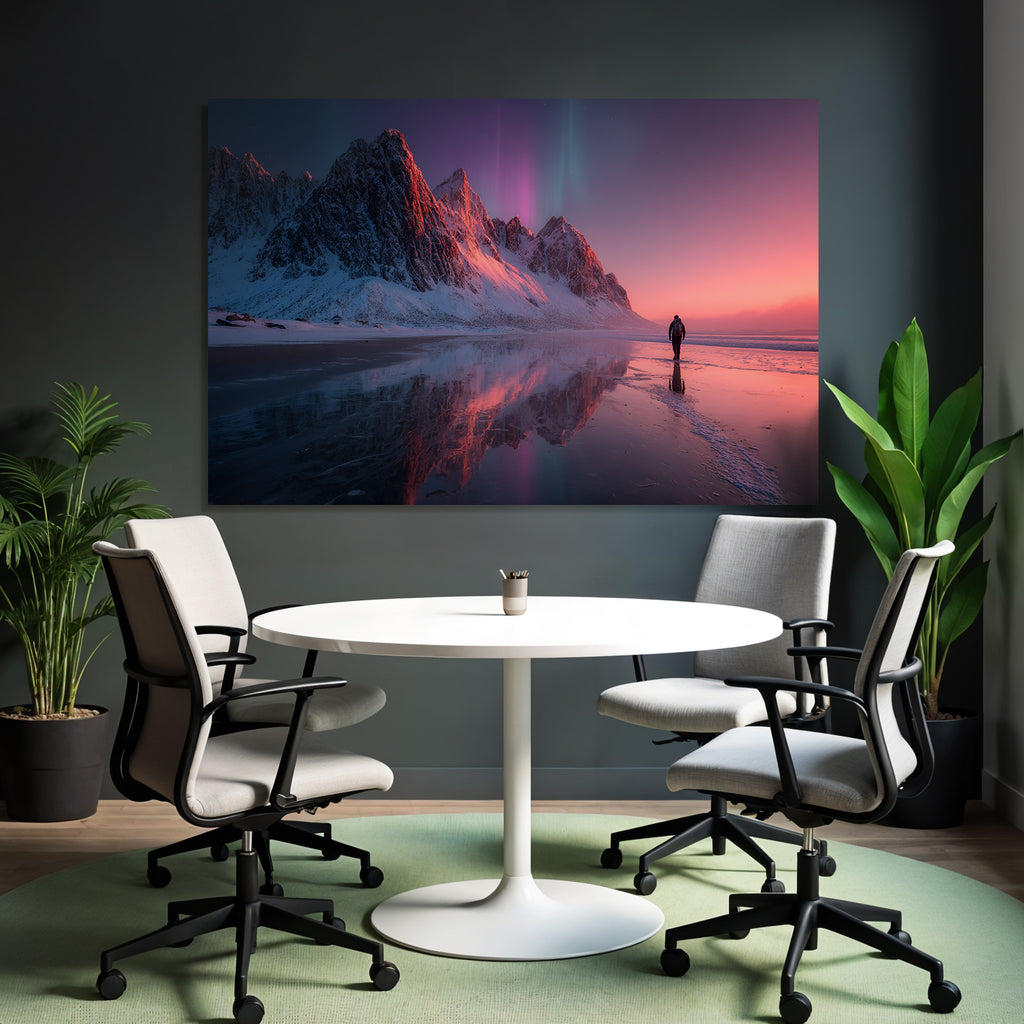 Polarlicht Schneebedeckte Berge Aurora Borealis Reflektierender Strand Pittoreske Szene | Fjorde und Gletscher | Landschaften