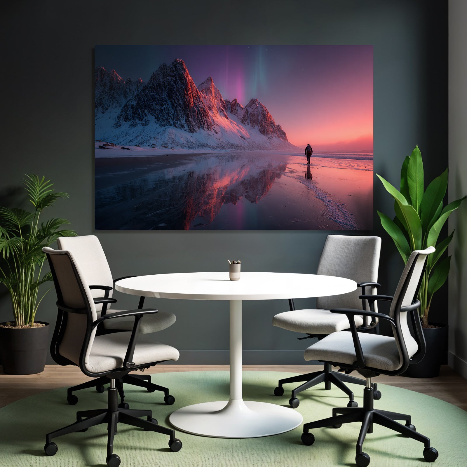 Polarlicht Schneebedeckte Berge Aurora Borealis Reflektierender Strand Pittoreske Szene | Fjorde und Gletscher | Landschaften