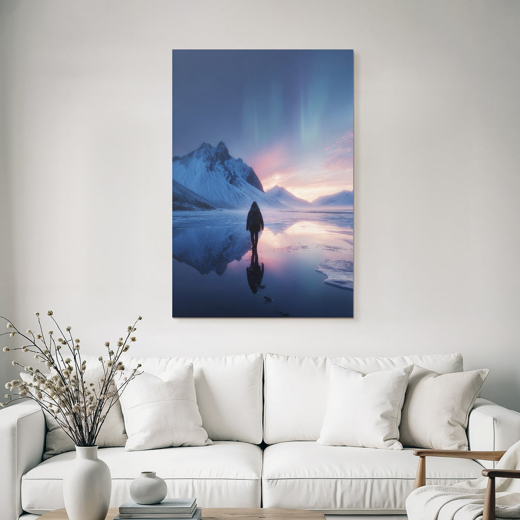 Polarlicht Winterlandschaft Solitaire Person Eisflächen Bergblick Nordlichter | Fjorde und Gletscher | Landschaften