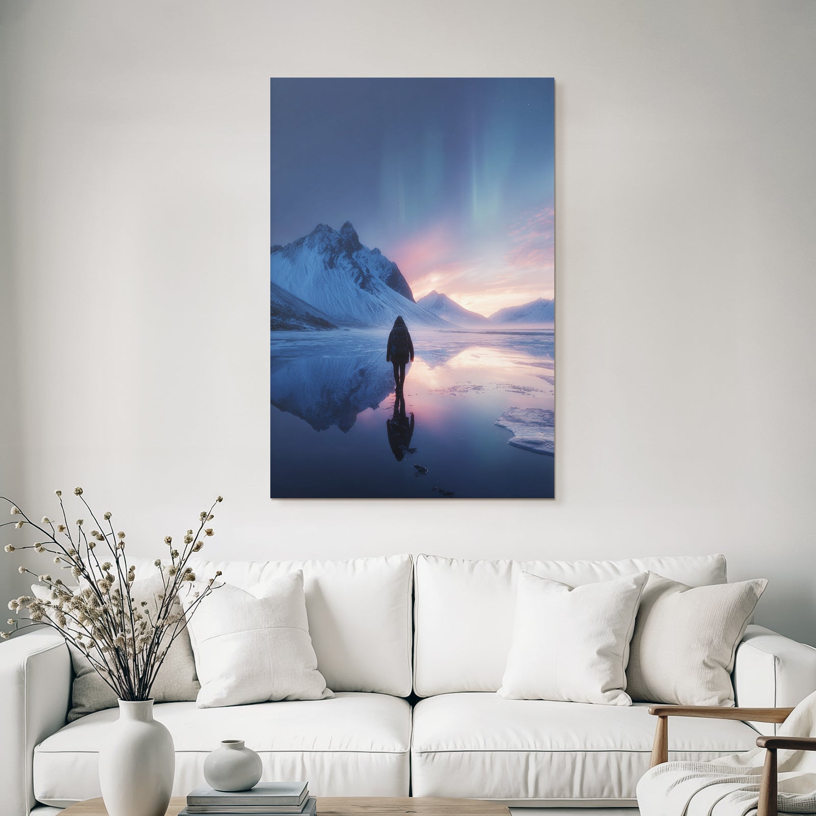 Polarlicht Winterlandschaft Solitaire Person Eisflächen Bergblick Nordlichter | Fjorde und Gletscher | Landschaften