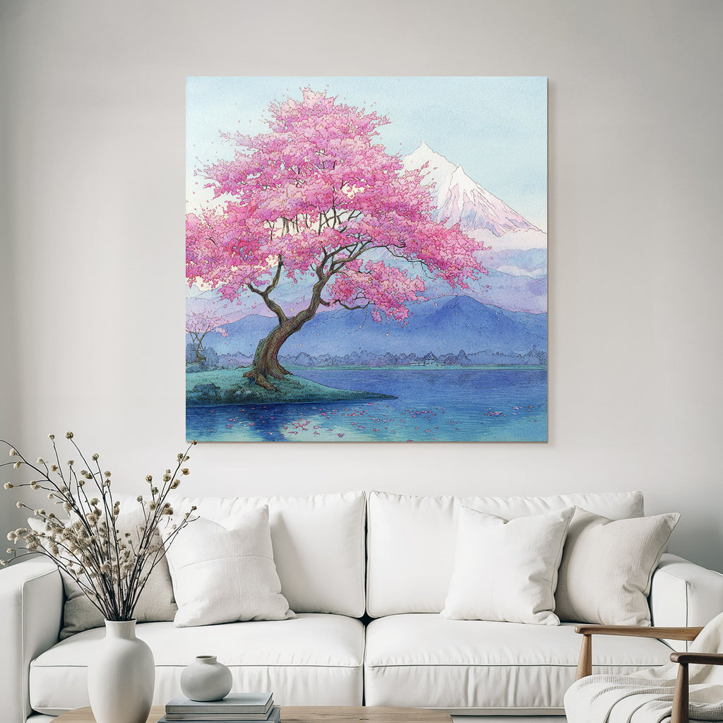 Aquarelllandschaft Mit Kirschblütenbaum Am See Vor Schneebedeckten Bergen