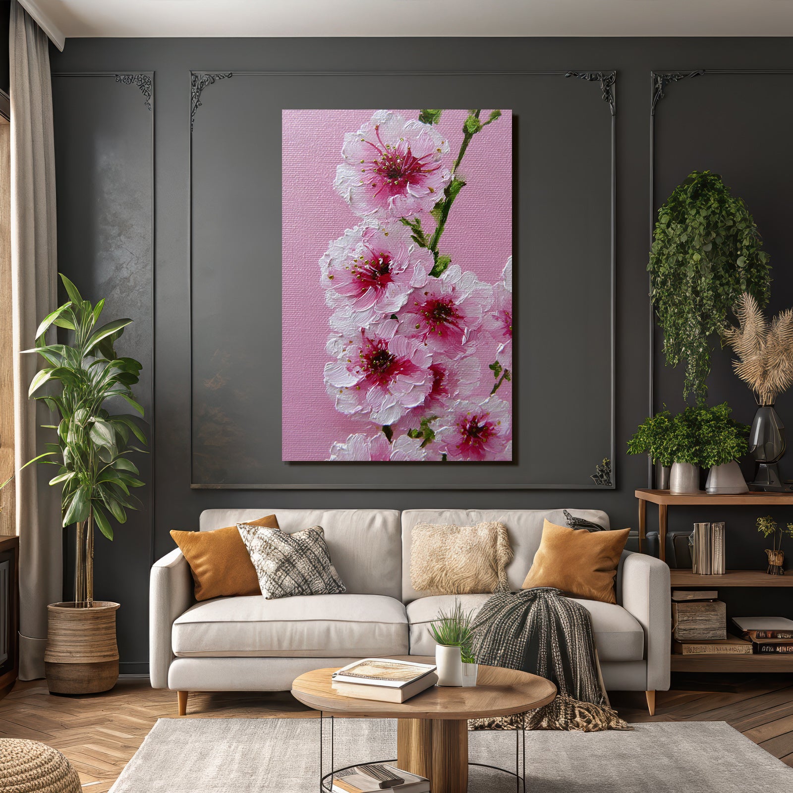 Gemalte Rosa Kirschblüten Auf Rosa Hintergrund