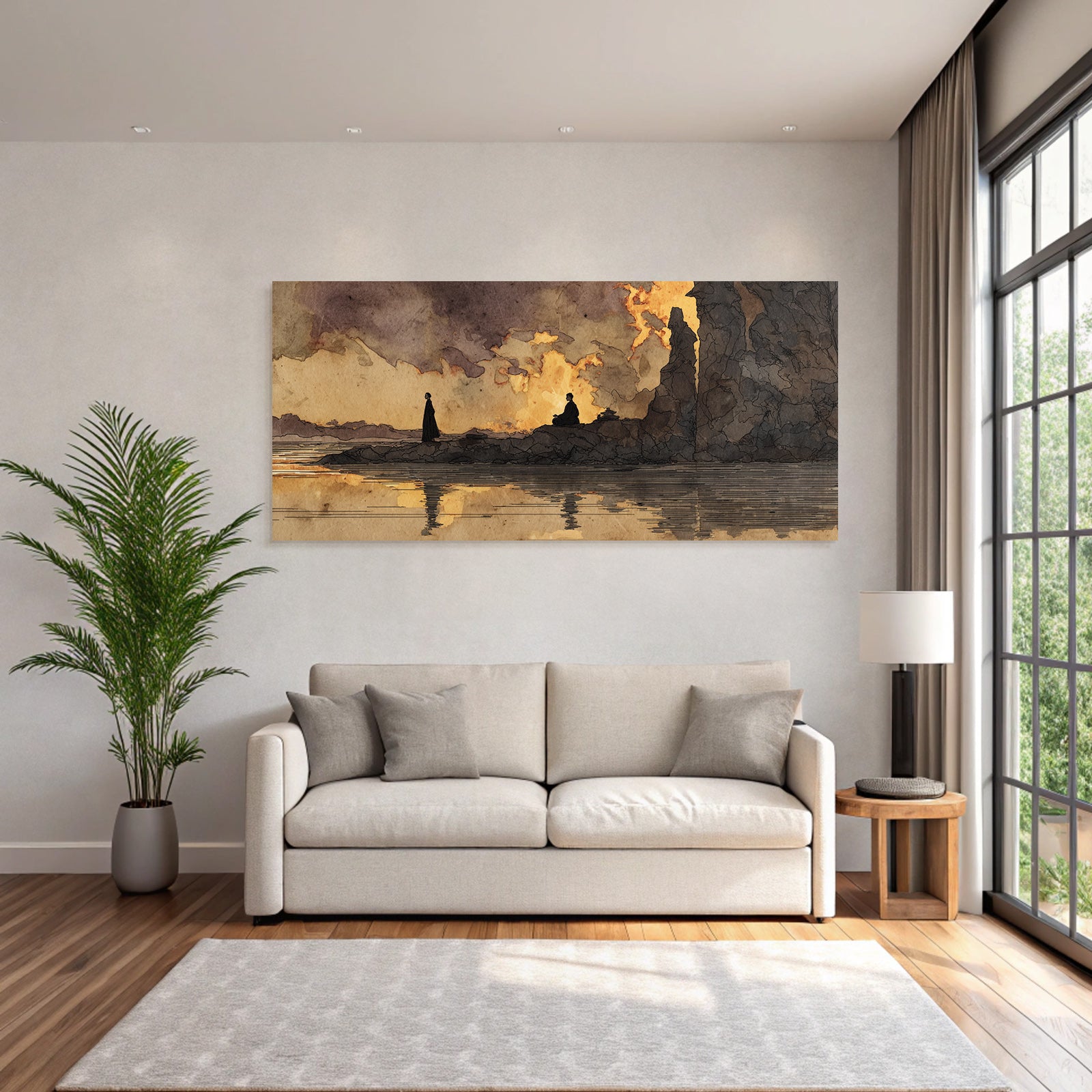 Yoga Meditation Ruhige Landschaft Meditation Wasser Sonnenuntergang Illustration | Yoga und Meditation | Themen und Hobbys