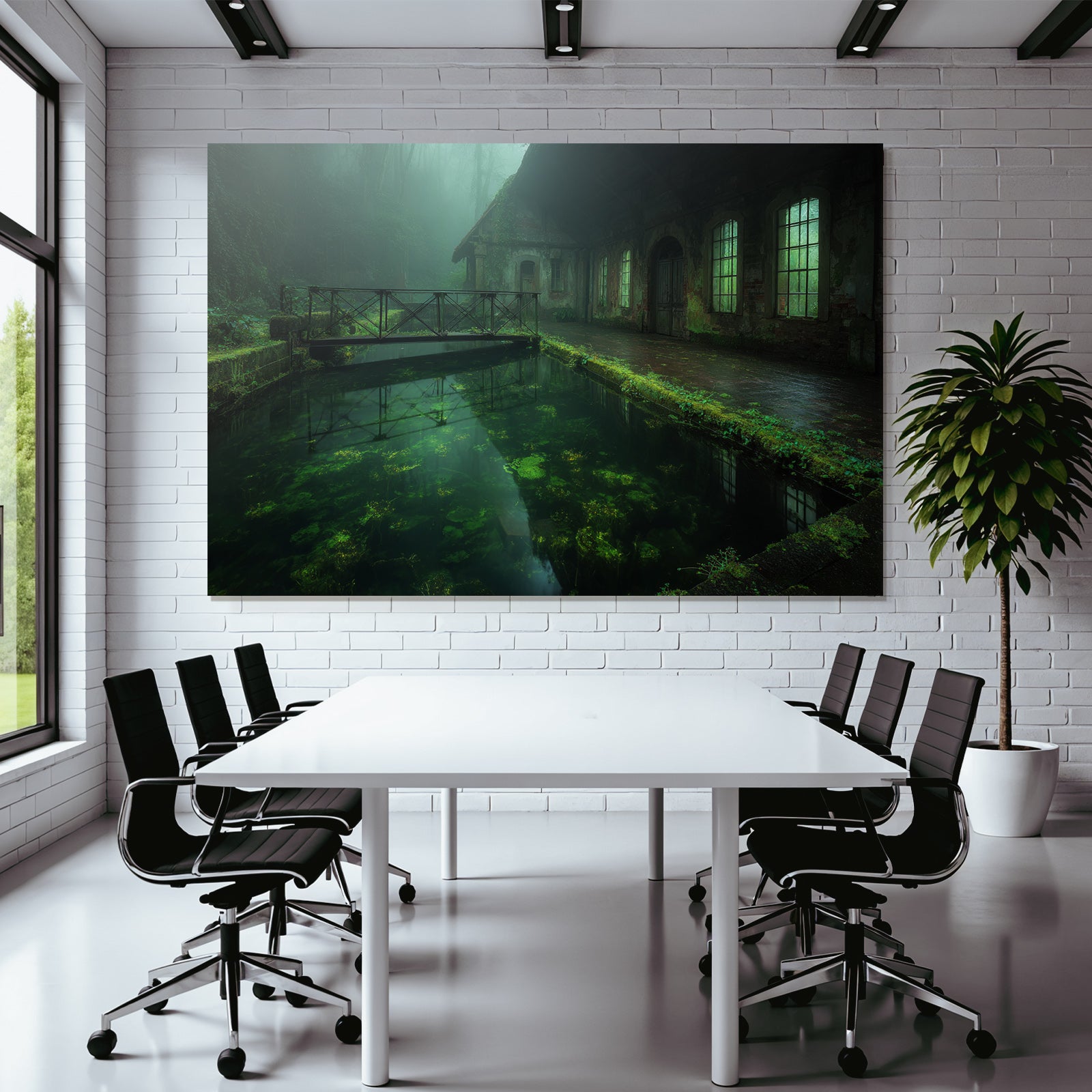 Verlassene Gebaeude Am Wasser Umgeben Von Grün Und Nebel | Lost Places | Architektur