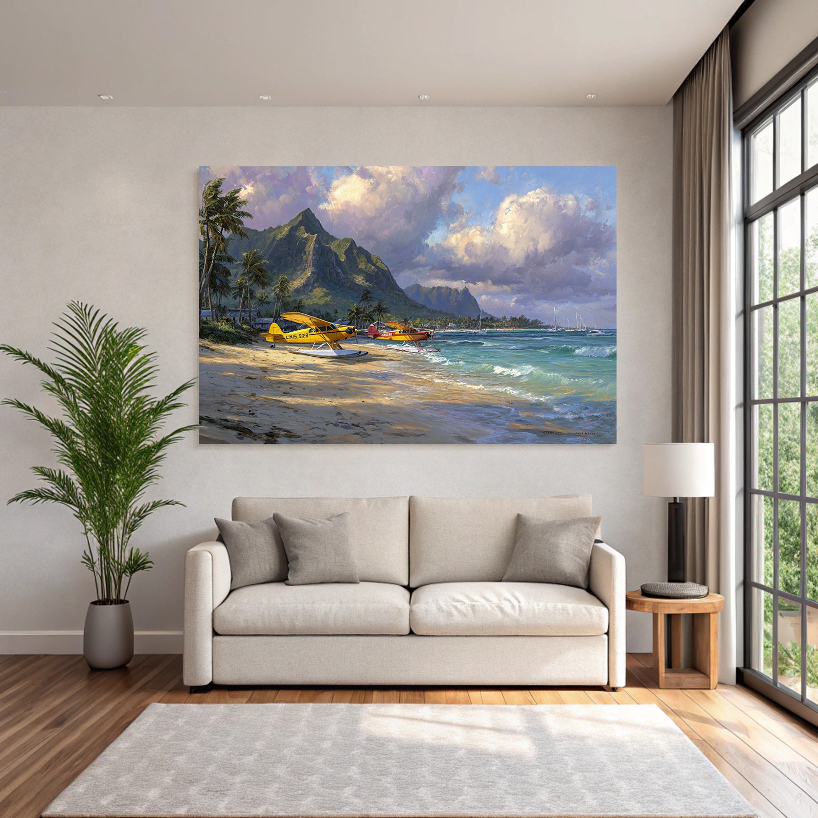 Tropische Idylle Mit Seaplanes Und Palmbaeumen Beachlandscape | Flugzeuge | Mobilitaet und Technik