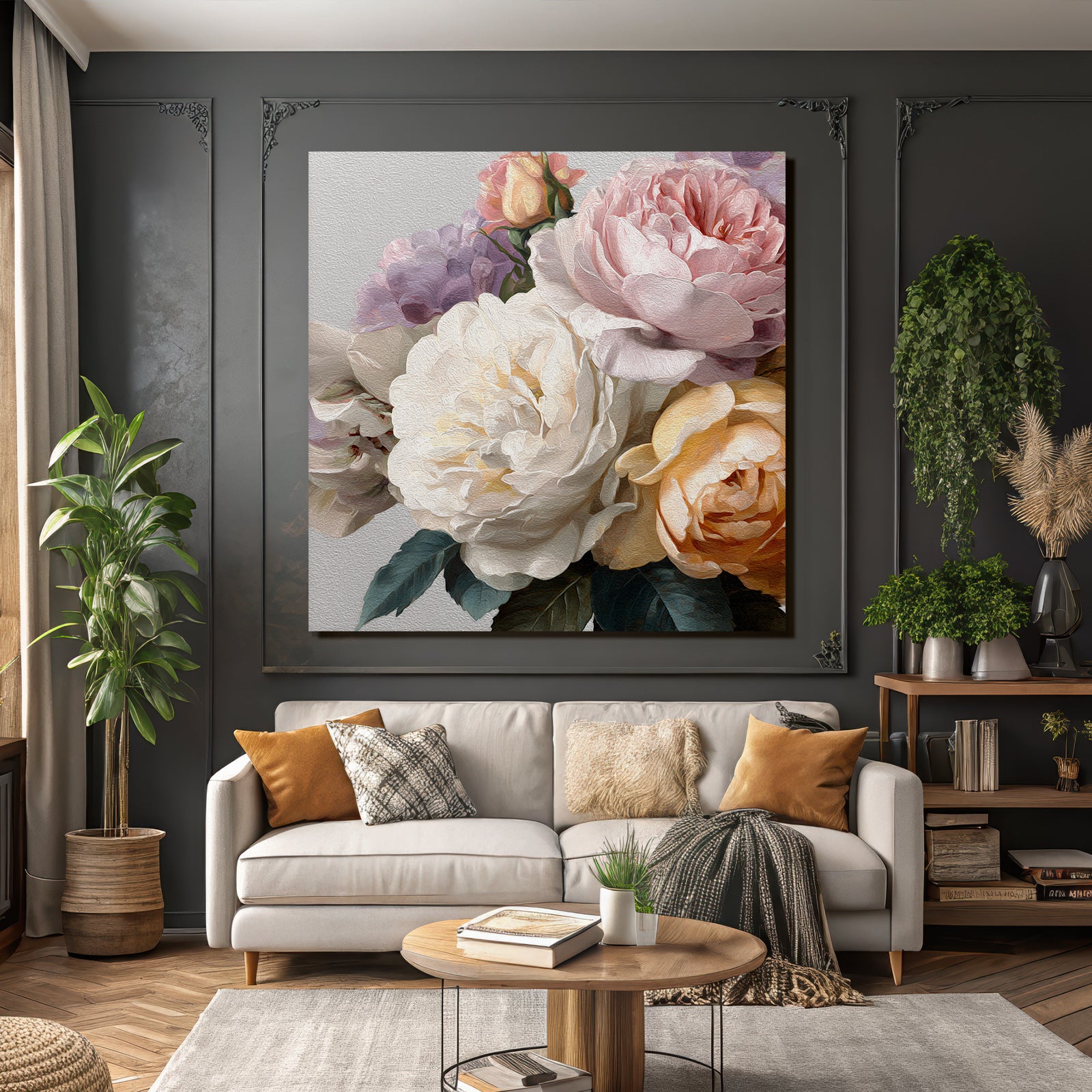 Bouqüt Aus Rosa Und Weissen Pfingstrosen Mit Gelben Und Lavendelblüten Im Malerischen Stil