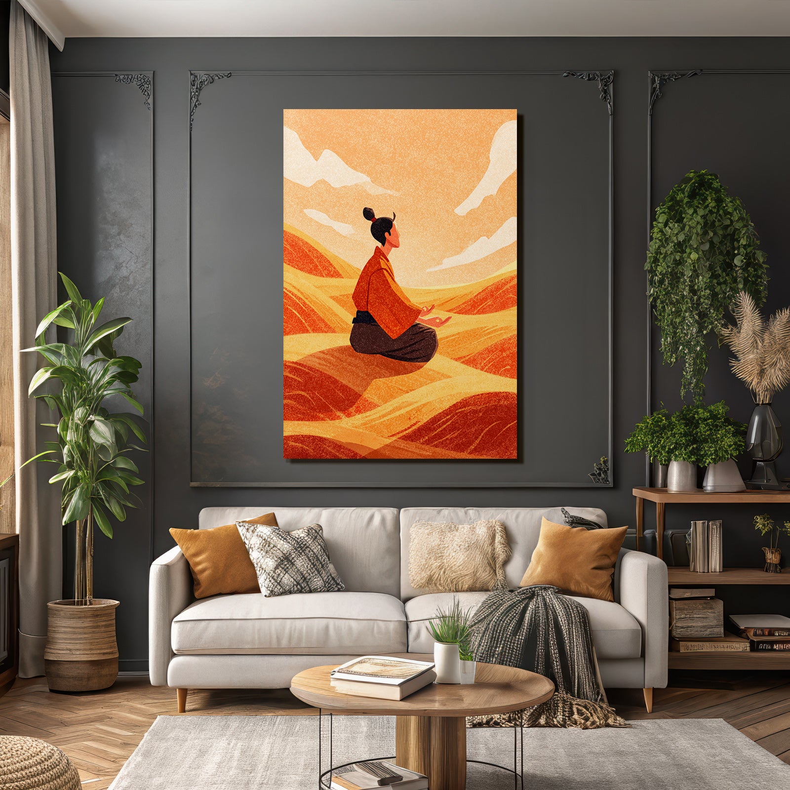 Yoga Meditation Meditierender Mensch In Stilvollem Landschaft Sanfte Hügel Orangener Himmel | Yoga und Meditation | Themen und Hobbys