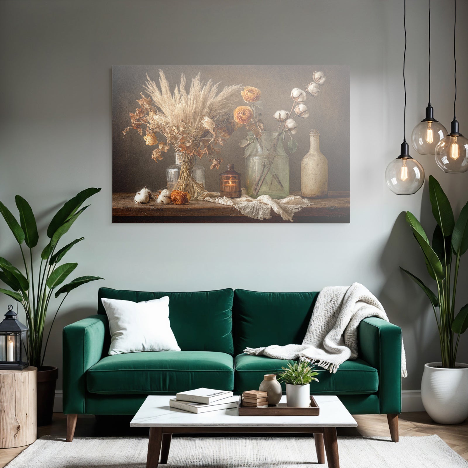 Trocken Retro Flowers Dried Flower Still Life Mit Pampasgras Rosen Und Baumwolle Glaskrüge Deko