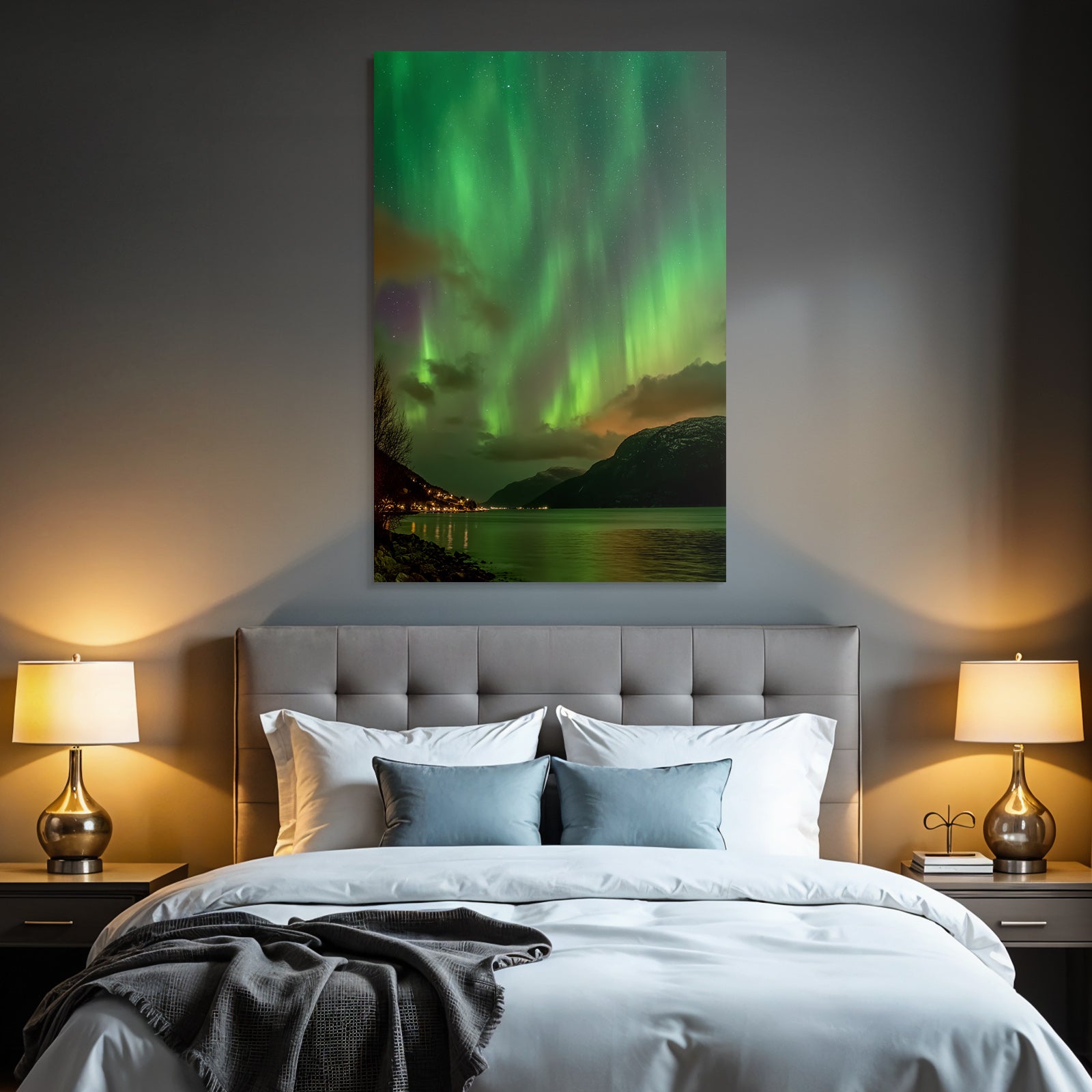 Polarlicht Nordlichter Aurora Borealis Nacht Himmel Bergblick Reflexion Wasser | Fjorde und Gletscher | Landschaften