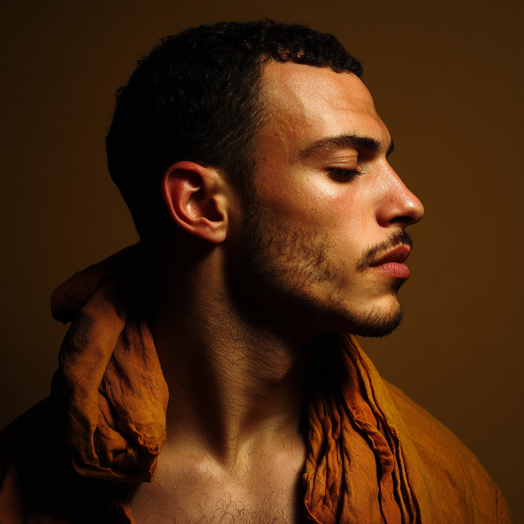 Portrait Eines Mannes Im Profil Mit Lockigem Haar Und Drapierter Garderobe | Aktkunst und Sinnlichkeit | Menschen und Emotionen