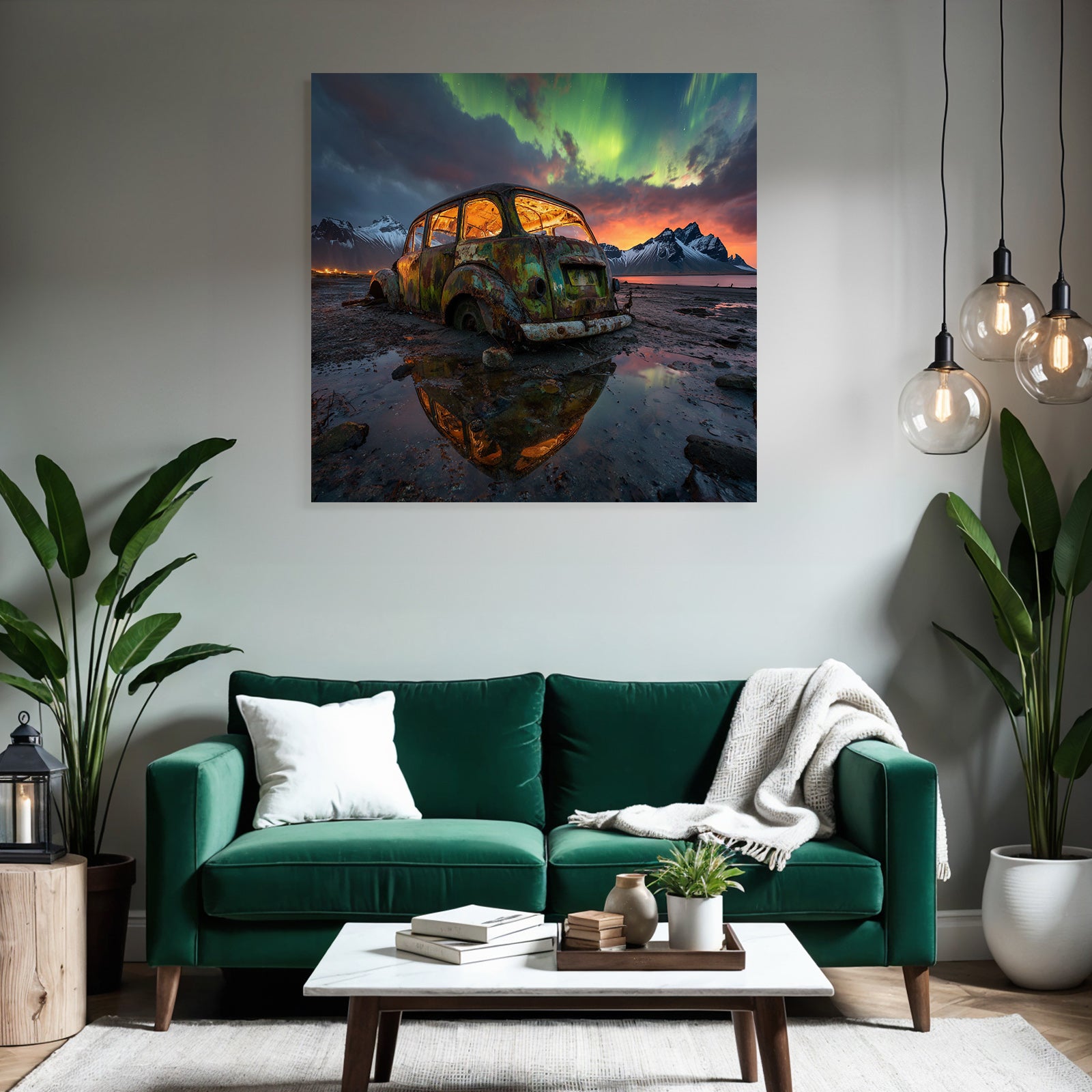 Polarlicht Verlassener Rustiger Wagen In Natur Mit Aurora Borealis Im Himmel | Fjorde und Gletscher | Landschaften
