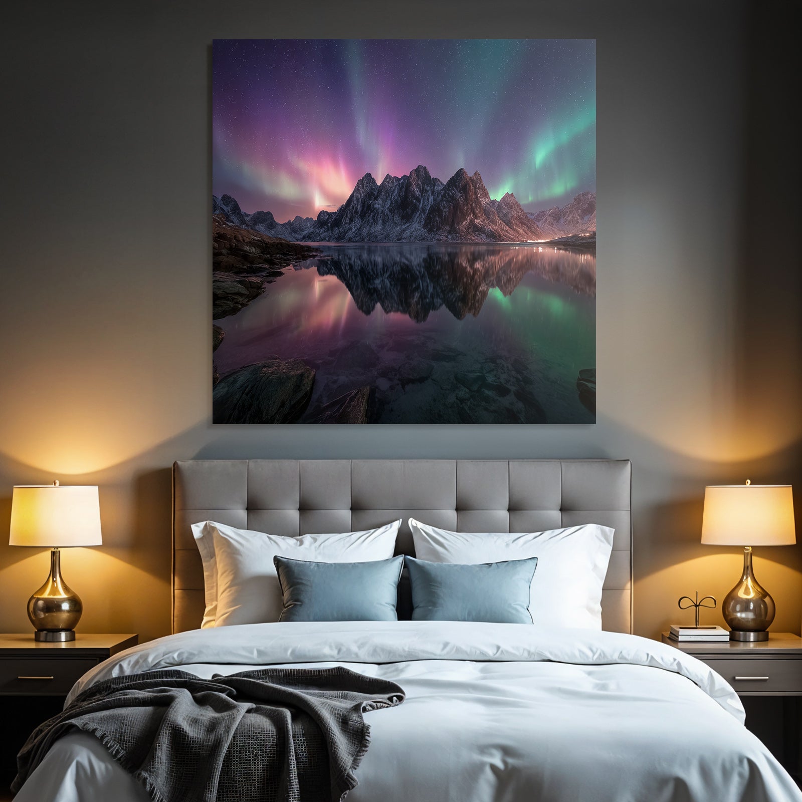 Polarlicht Schöne Naturlandschaft See Umgeben Von Schneebedeckten Bergen Aurora Nacht | Fjorde und Gletscher | Landschaften