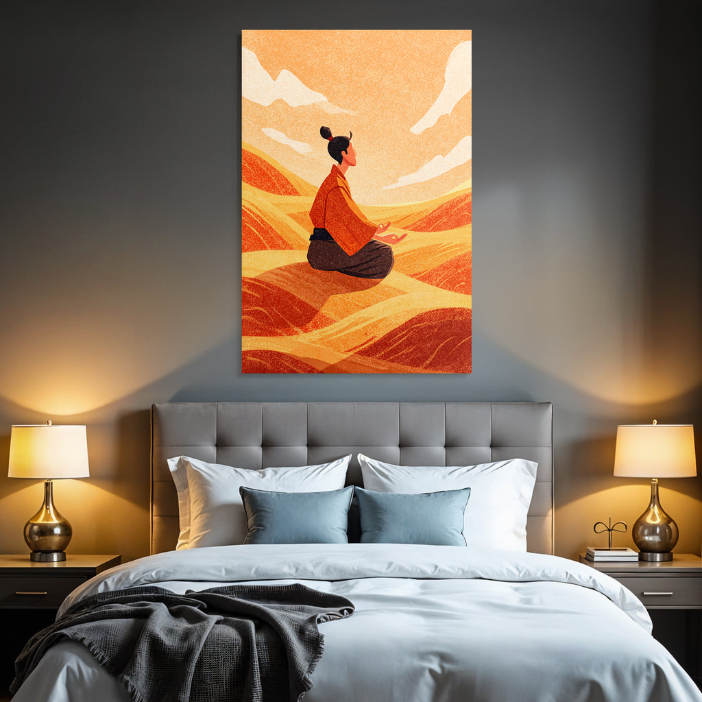 Yoga Meditation Meditierender Mensch In Stilvollem Landschaft Sanfte Hügel Orangener Himmel | Yoga und Meditation | Themen und Hobbys