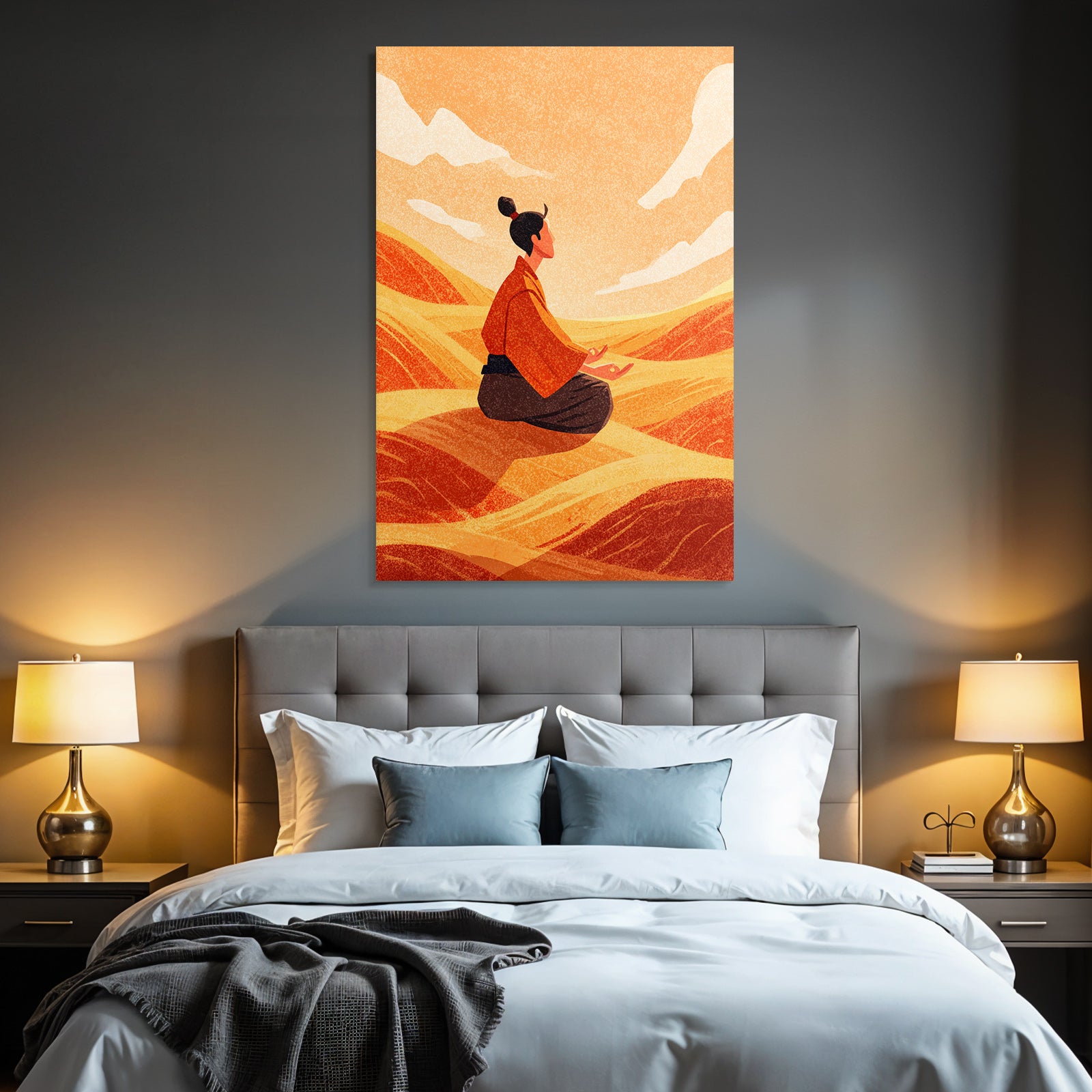 Yoga Meditation Meditierender Mensch In Stilvollem Landschaft Sanfte Hügel Orangener Himmel | Yoga und Meditation | Themen und Hobbys
