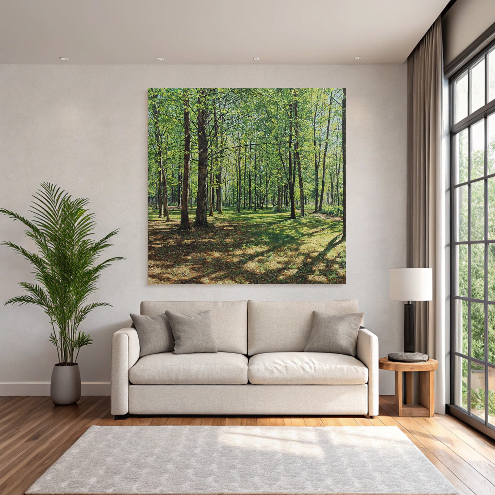 Lush Forest Scene Mit Tall Baeume Und Dappled Sonne Light | Duenen und Heide | Landschaften