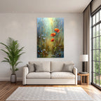Impressionistische Wiese Mit Mohn Gräser Blaün Wildblüten Und Wassertropfen