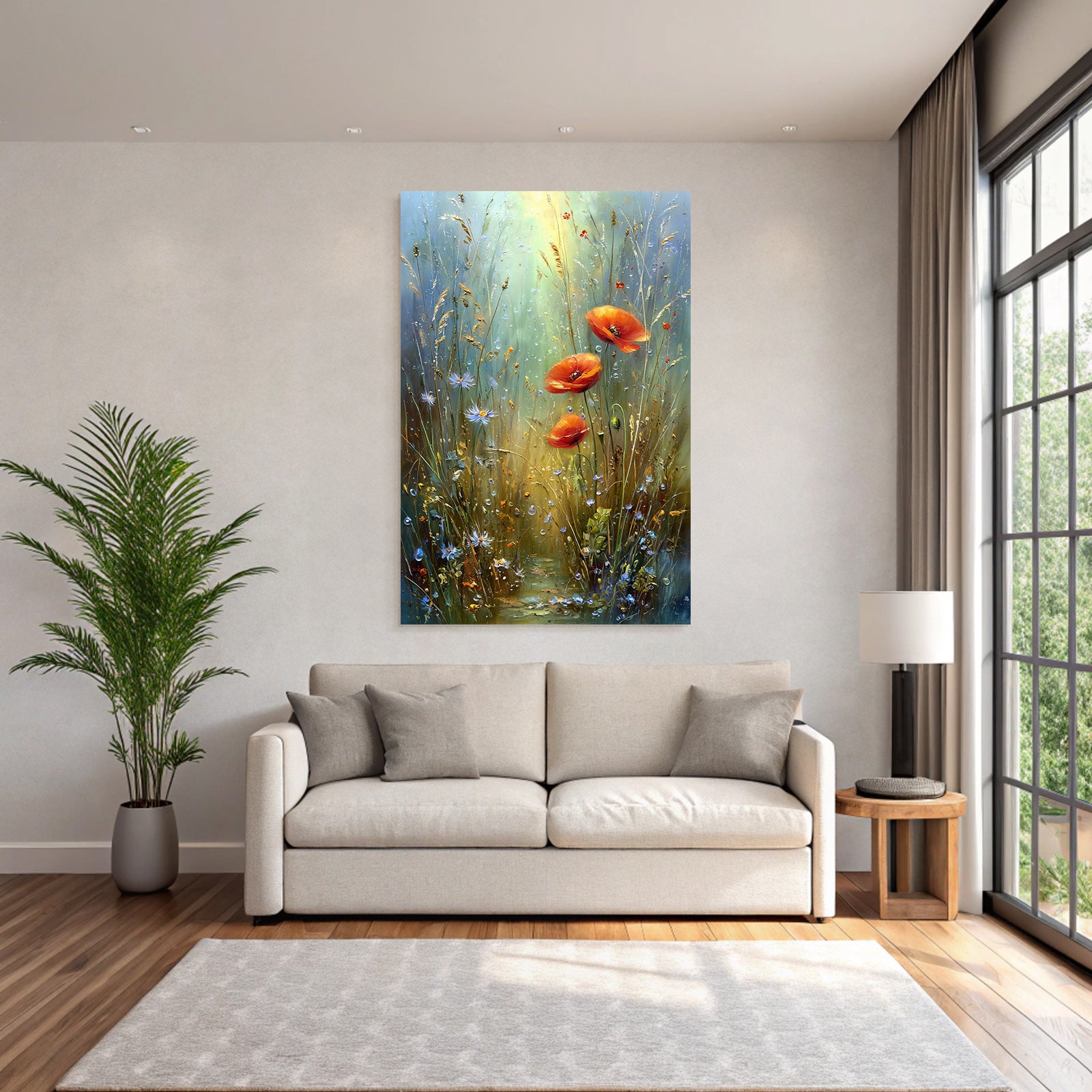 Impressionistische Wiese Mit Mohn Gräser Blaün Wildblüten Und Wassertropfen