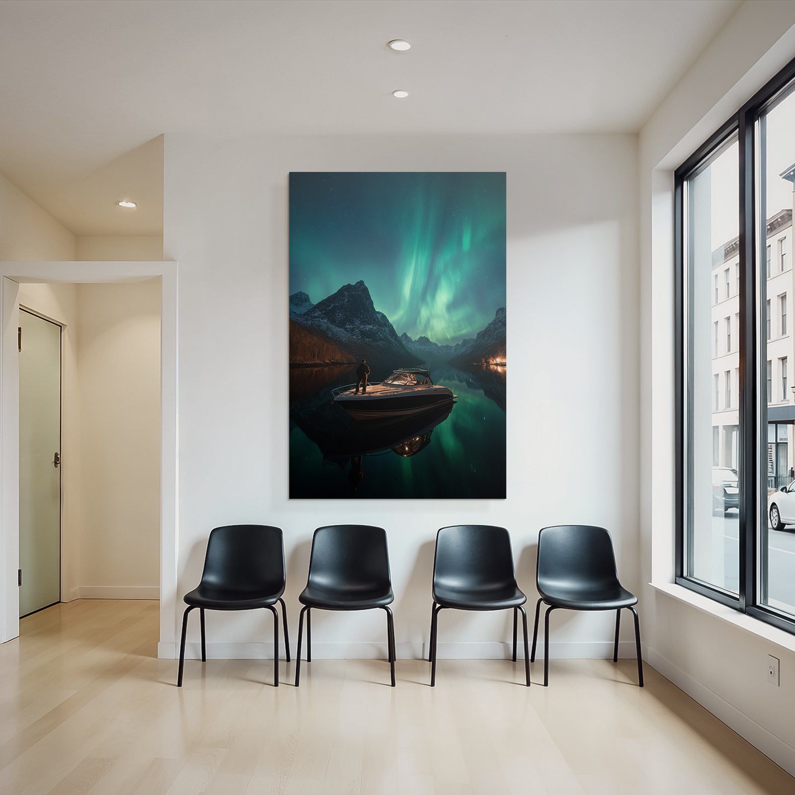 Polarlicht Nachtlandschaft Boote Aurora Sterne Reflexion | Fjorde und Gletscher | Landschaften