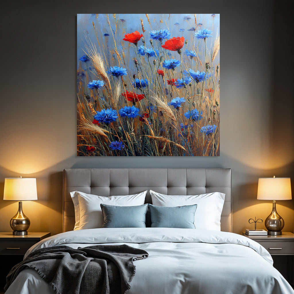 Wiese Mit Roten Mohn Und Blaün Korn