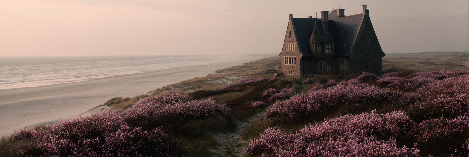 Küstenszene Vintage Haus Strand Lila Blumen Sonnenaufgang Unscharf | Duenen und Heide | Landschaften