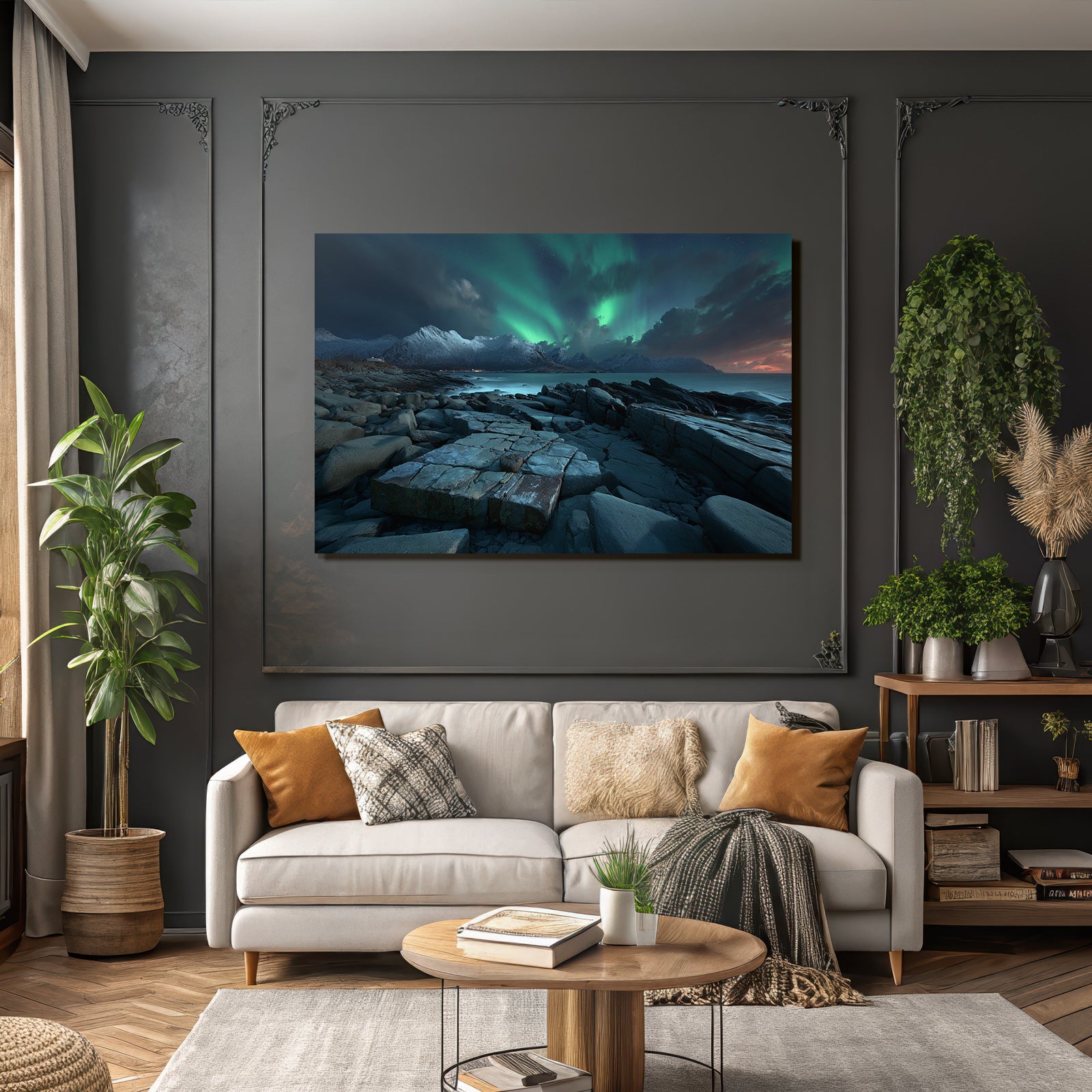 Polarlicht Rockige Küste Mit Aurora Borealis Und Schneebedeckten Bergen | Fjorde und Gletscher | Landschaften