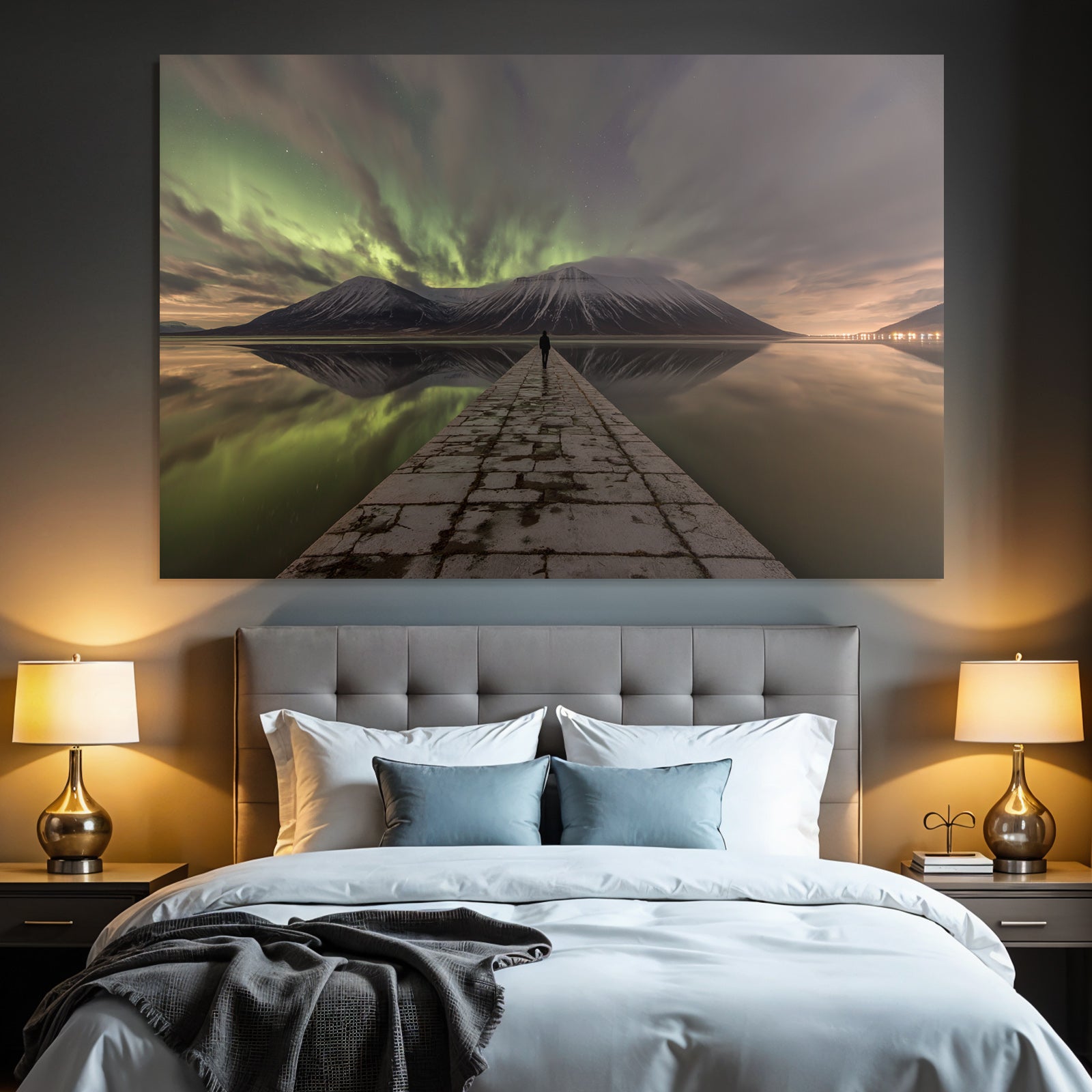 Polarlicht Naturlandschaft Mit Aurora Borealis Und Bergspiegelung | Fjorde und Gletscher | Landschaften