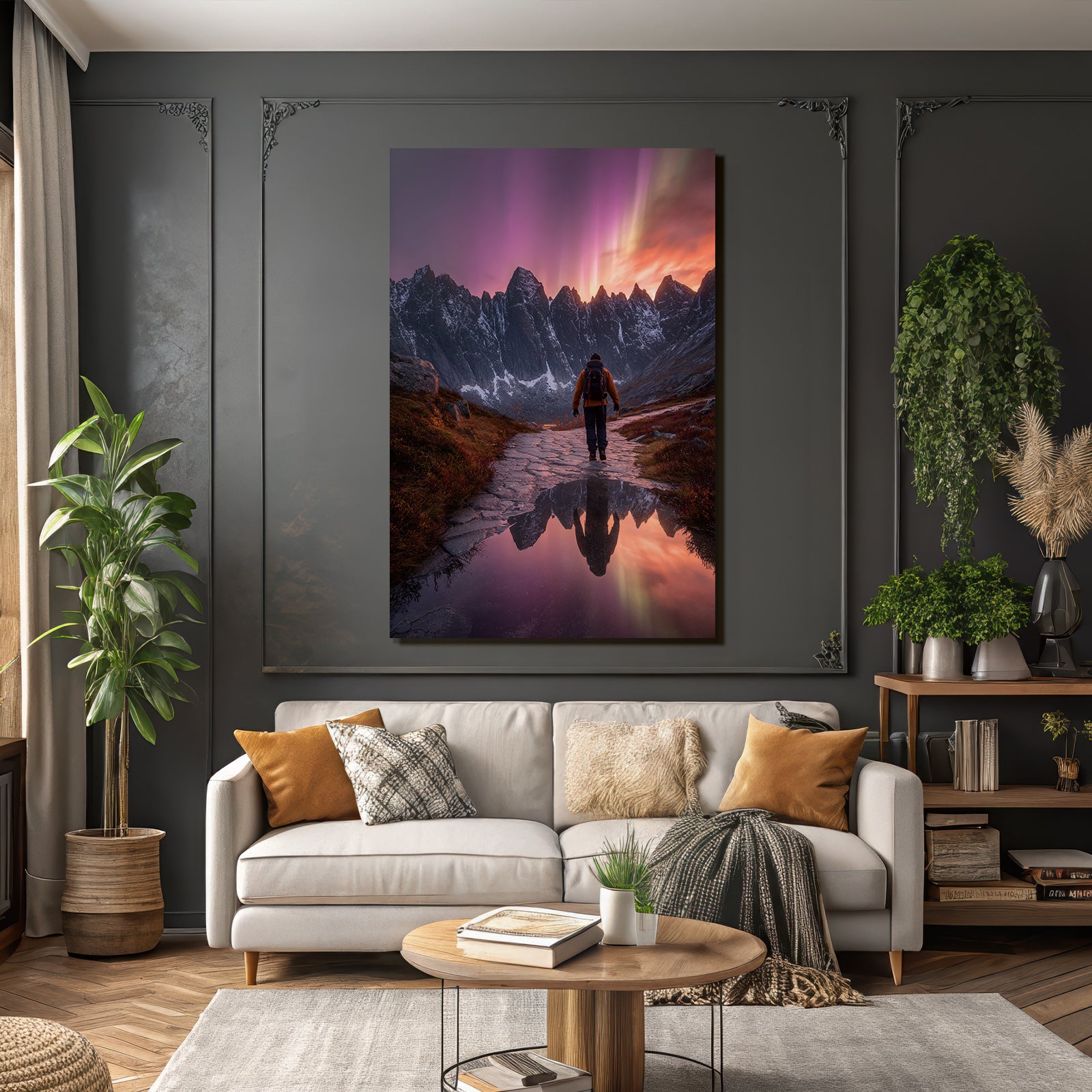 Polarlicht Schöne Landschaft Auroren Und Bergweg Mit Reflexion Im Wasser | Fjorde und Gletscher | Landschaften