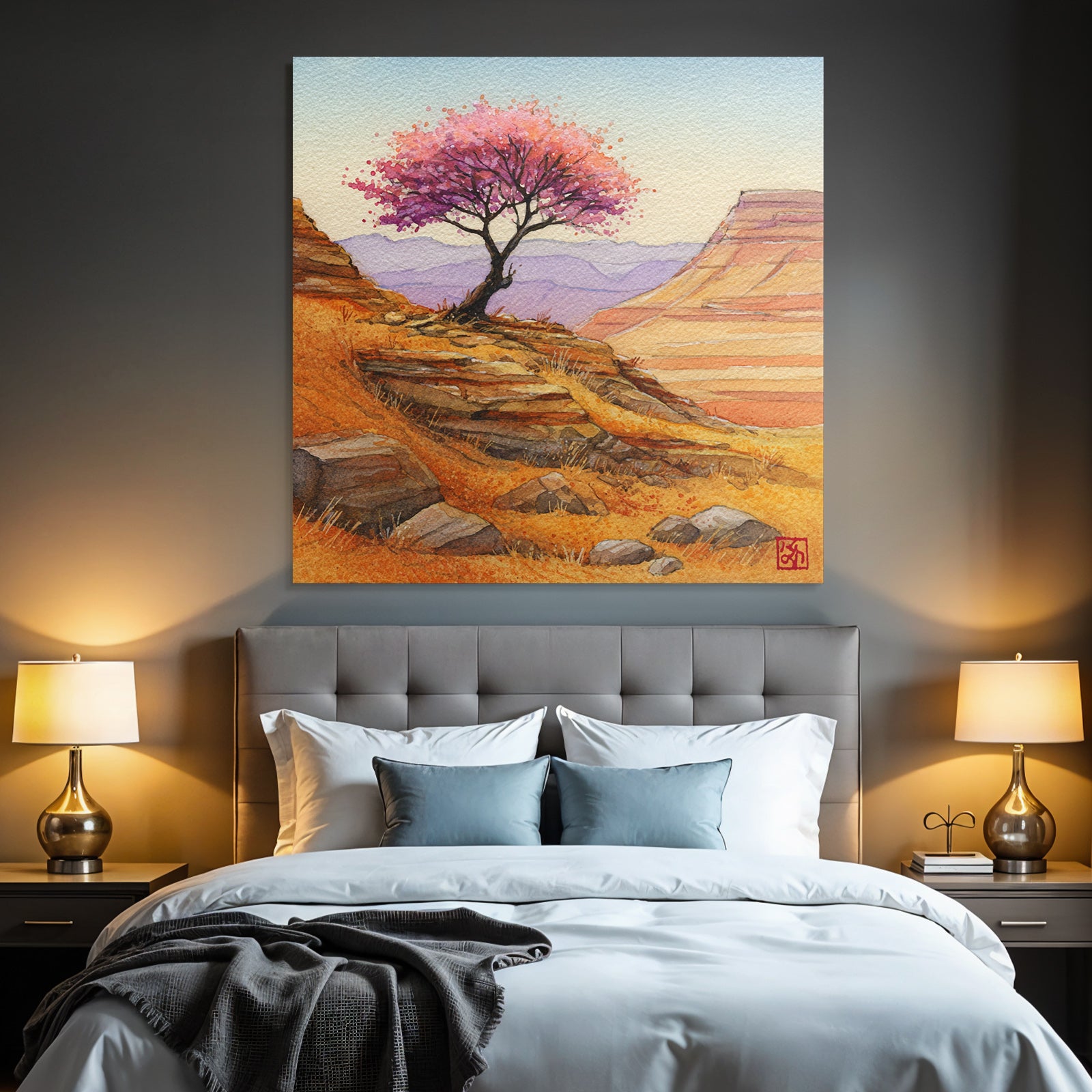 Aquarell Einsamer Baum Mit Rosa Blüten Vor Felsigen Hügeln