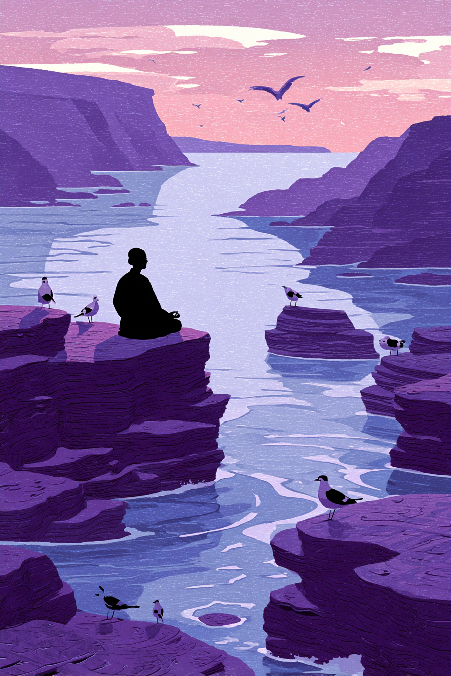 Yoga Meditation Ruhige Landschaft Meditiation Silhoütte Vogelwasser Purpur Blau | Yoga und Meditation | Themen und Hobbys
