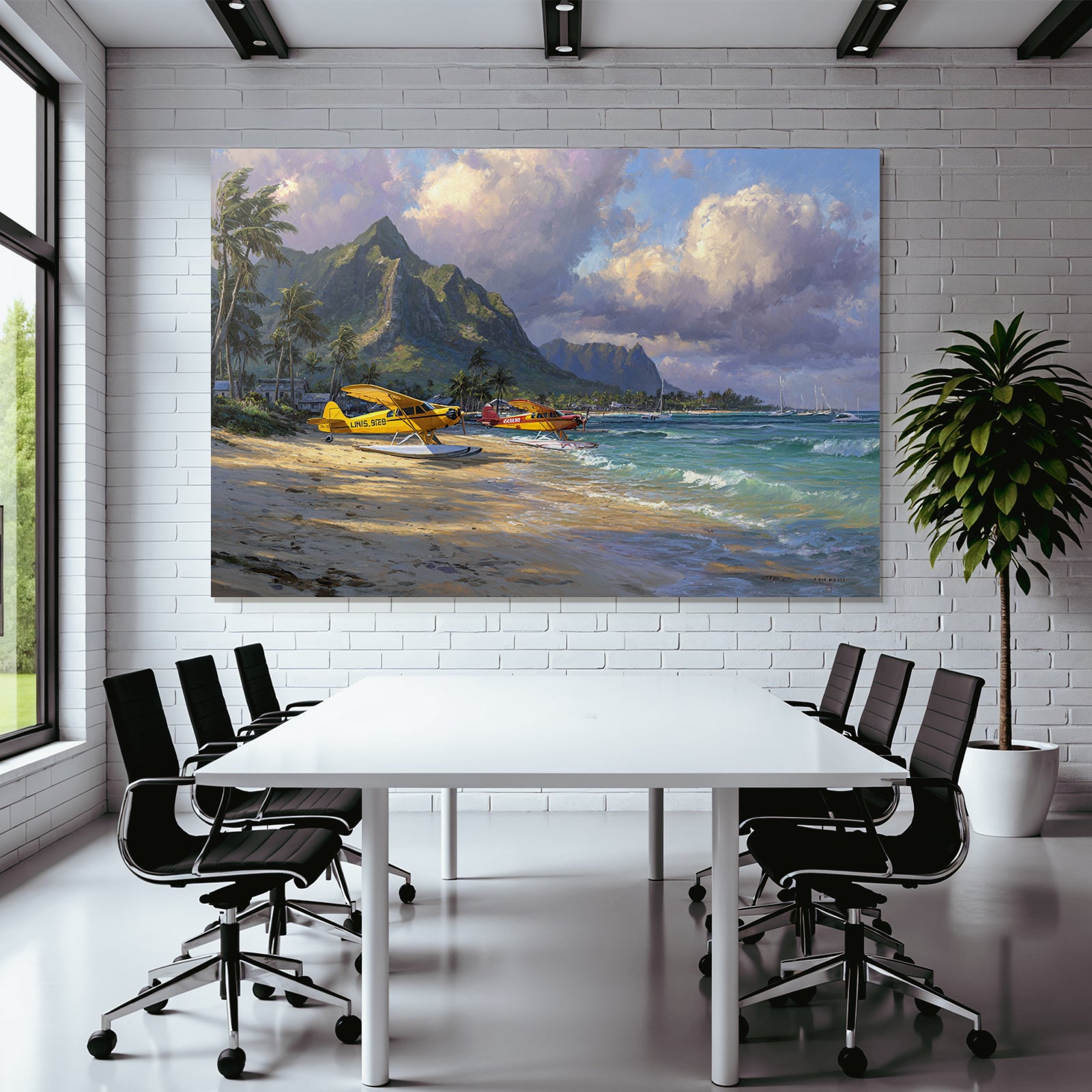 Tropische Idylle Mit Seaplanes Und Palmbaeumen Beachlandscape | Flugzeuge | Mobilitaet und Technik