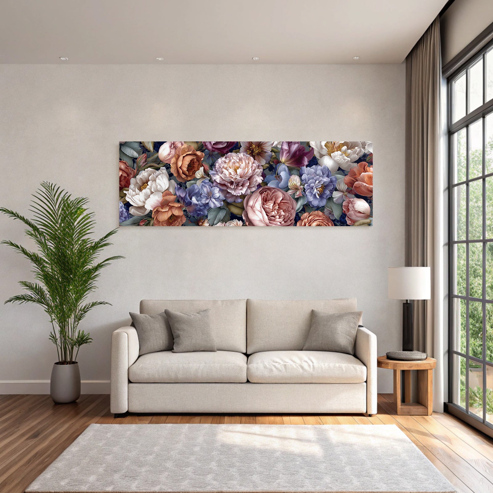 Illustration Mit Pfingstrosen Rosen Und Weiteren Blüten Vor Dunklem Hintergrund