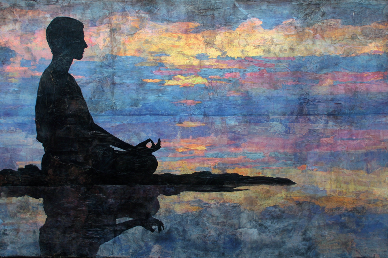 Yoga Meditation Sitzende Figur In Meditation Auf Reflektierendem Wasser Mit Vibrantem Himmel | Yoga und Meditation | Themen und Hobbys