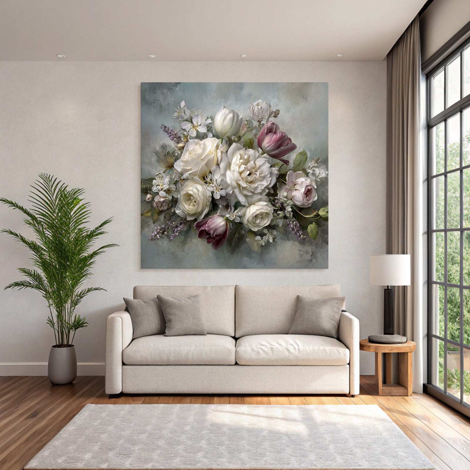 Zarte Florale Komposition Mit Rosen Tulpen Und Lavendel