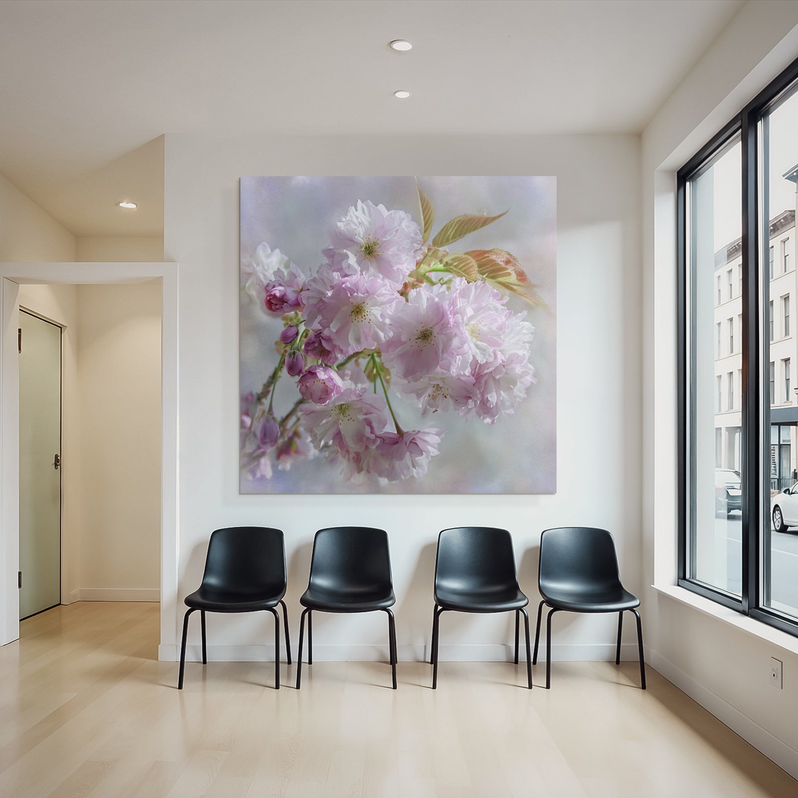 Zarte Rosa Kirschblüten Mit Knospen Vor Pastellhintergrund